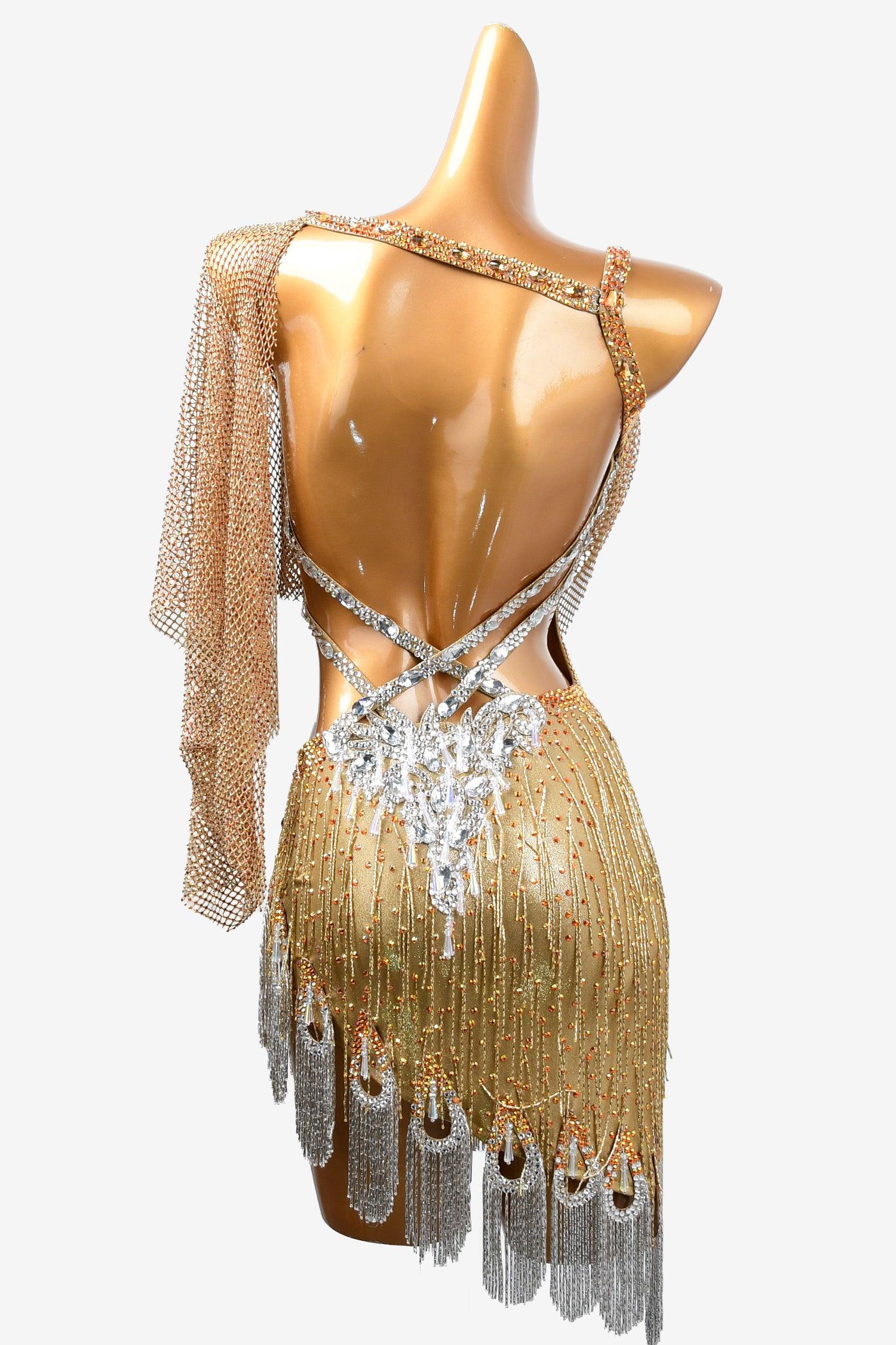 Permino gold Latin dress with beaded fringe, fishnet and rhinestone - PerminoDesign