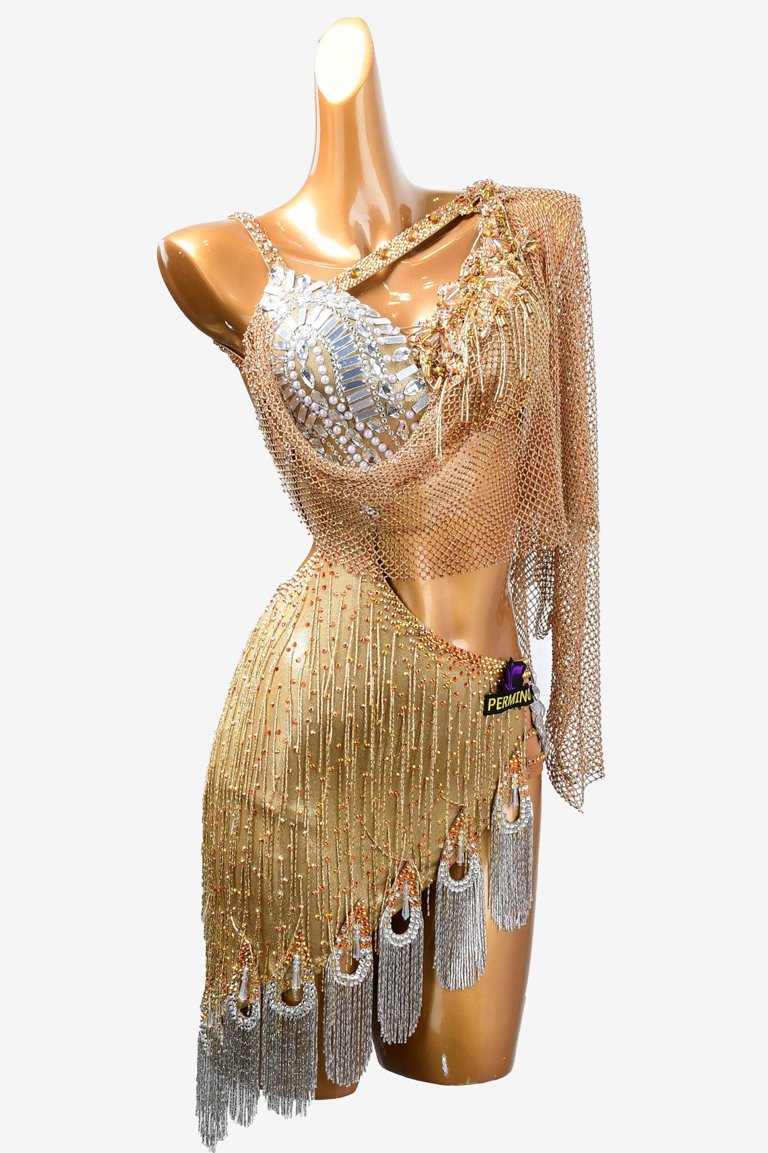 Permino gold Latin dress with beaded fringe, fishnet and rhinestone - PerminoDesign