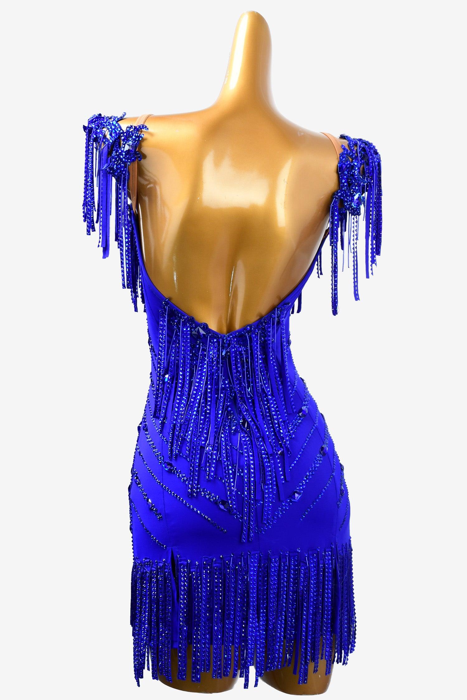 Permino International Klein Blue Latin dress with stone fringes, beaded fringe and rhinestone - PerminoDesign