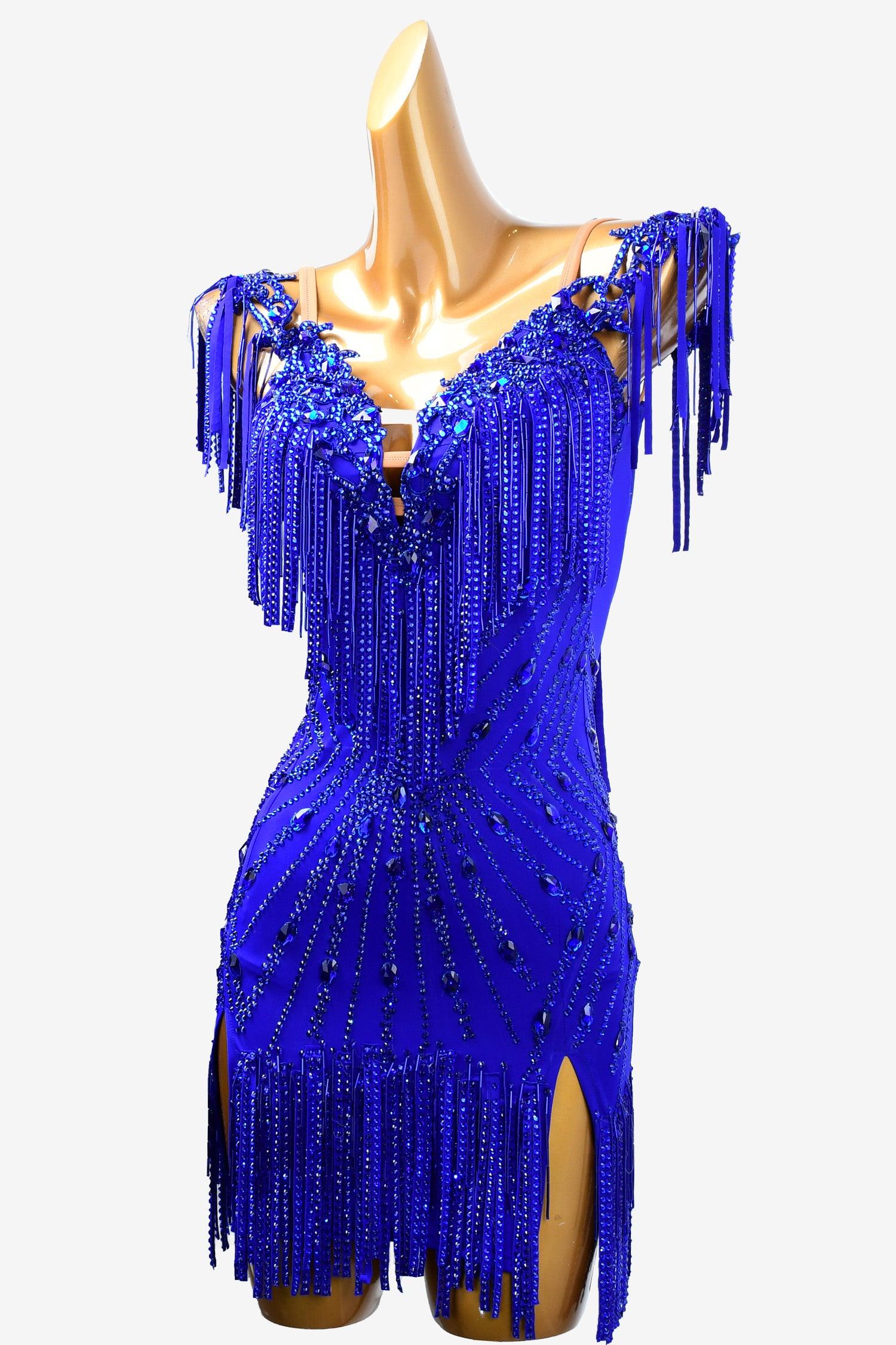 Permino International Klein Blue Latin dress with stone fringes, beaded fringe and rhinestone