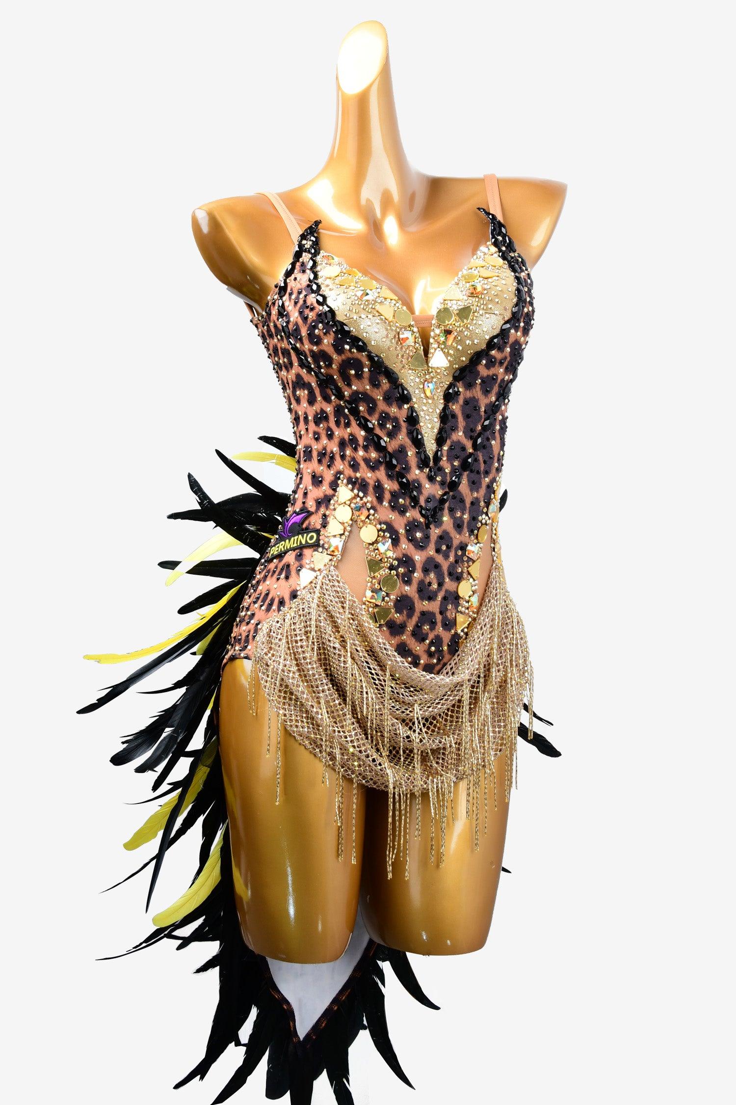 Permino Leopard print Latin dress with fishnet, feather, beaded fringe and rhinestone