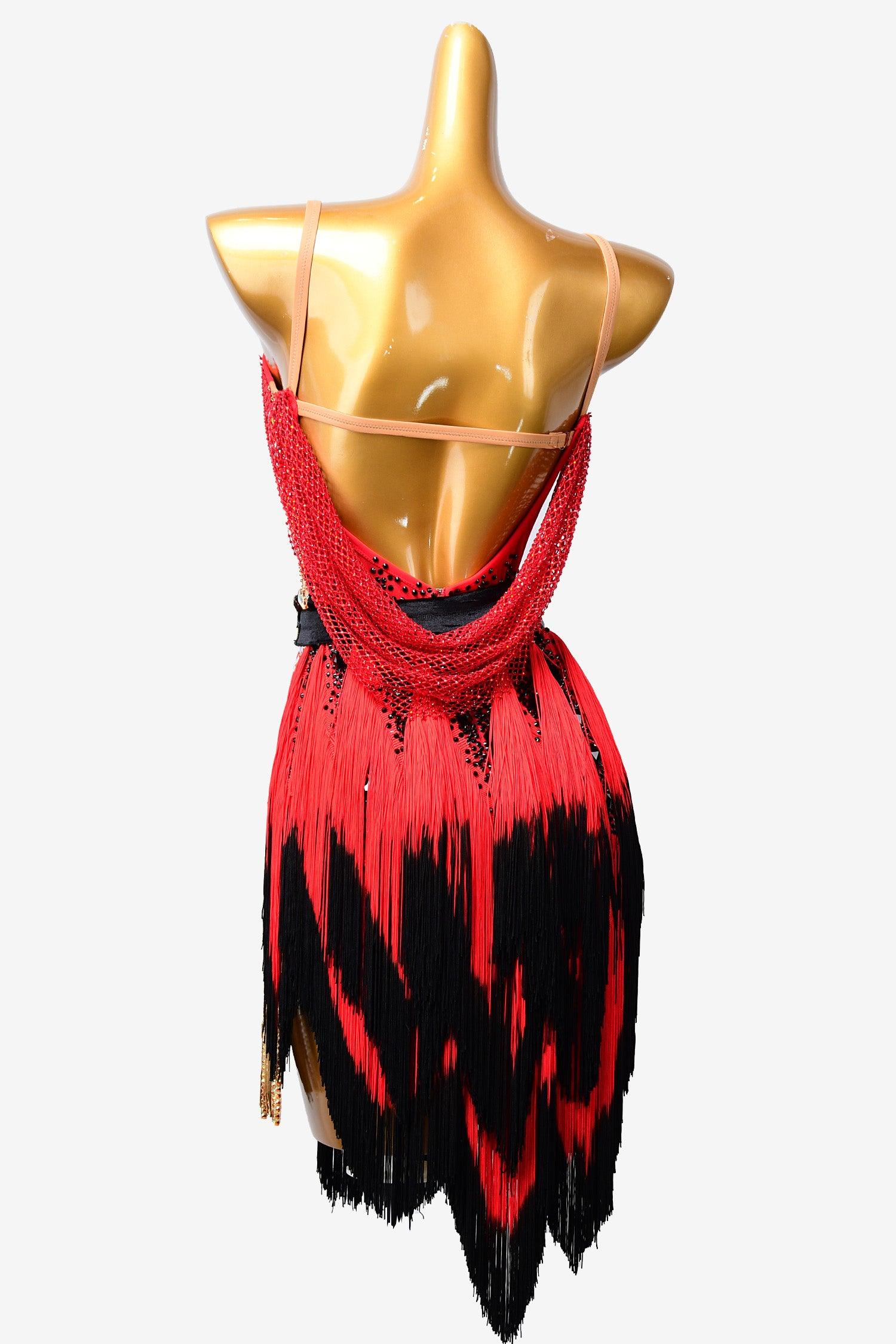 Permino china red Latin dress with fishnet, fringe and rhinestone - PerminoDesign