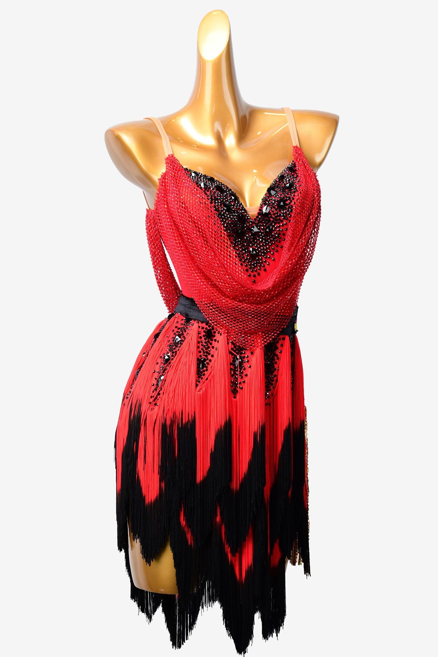 Permino china red Latin dress with fishnet, fringe and rhinestone - PerminoDesign