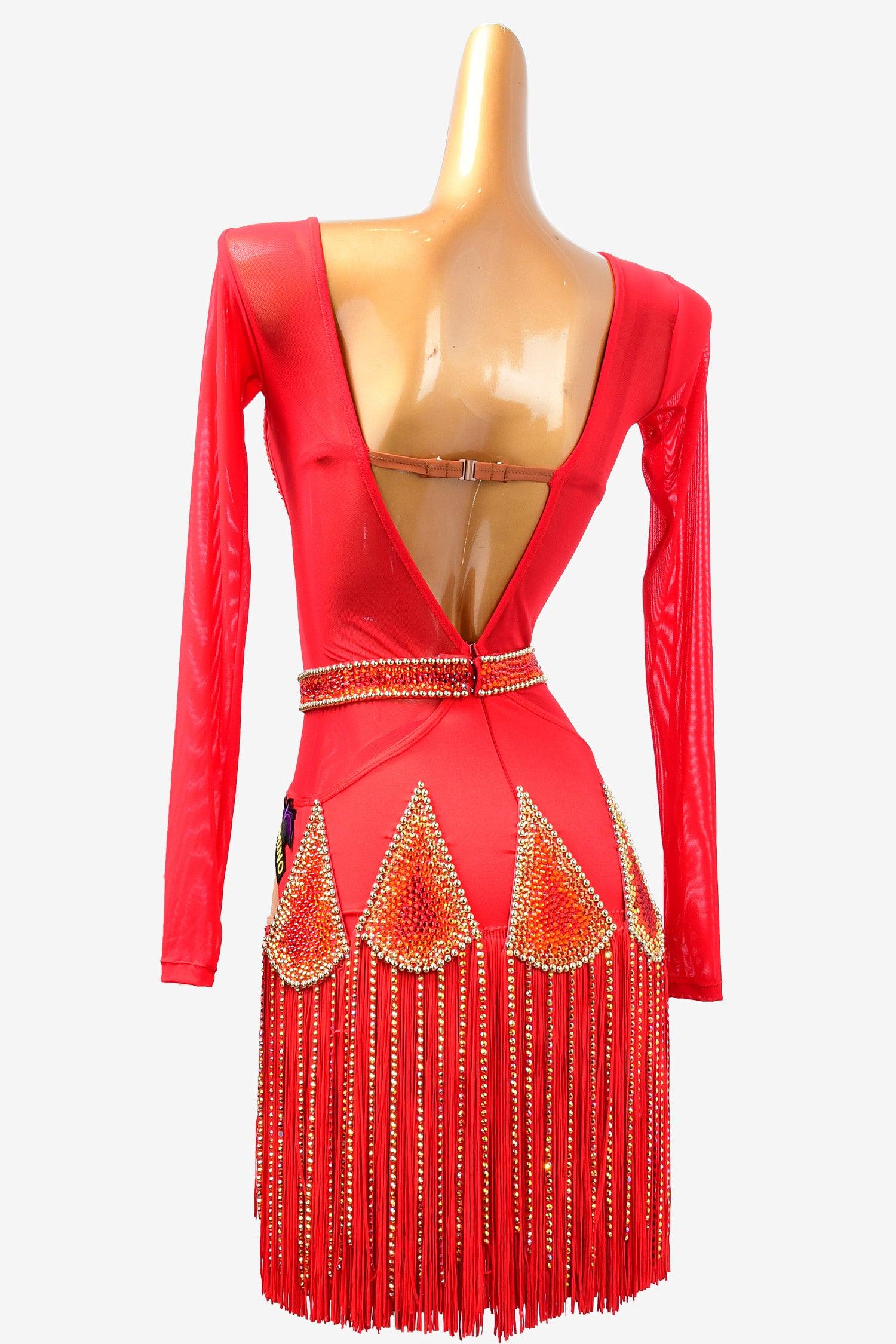 Permino vermilion Latin dress with stone fringes, fringe and AB stone - PerminoDesign