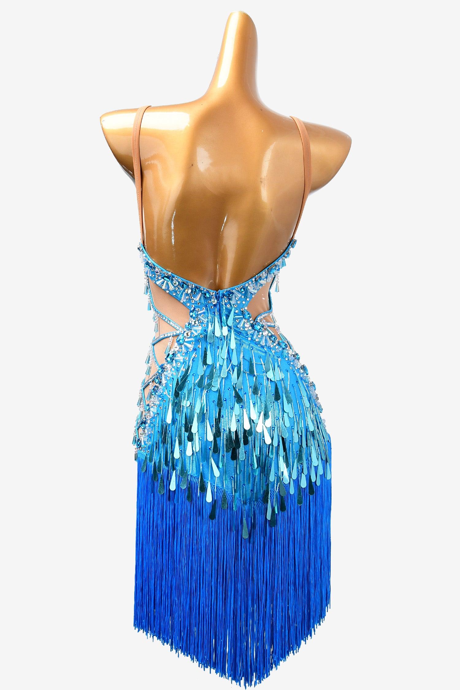 Permino deep sky blue Latin dress with beading, sequin, fringe and rhinestone - PerminoDesign