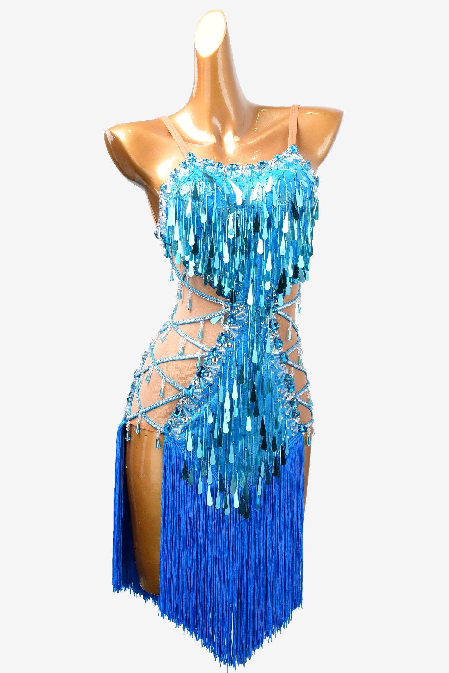 Permino deep sky blue Latin dress with beading, sequin, fringe and rhinestone - PerminoDesign