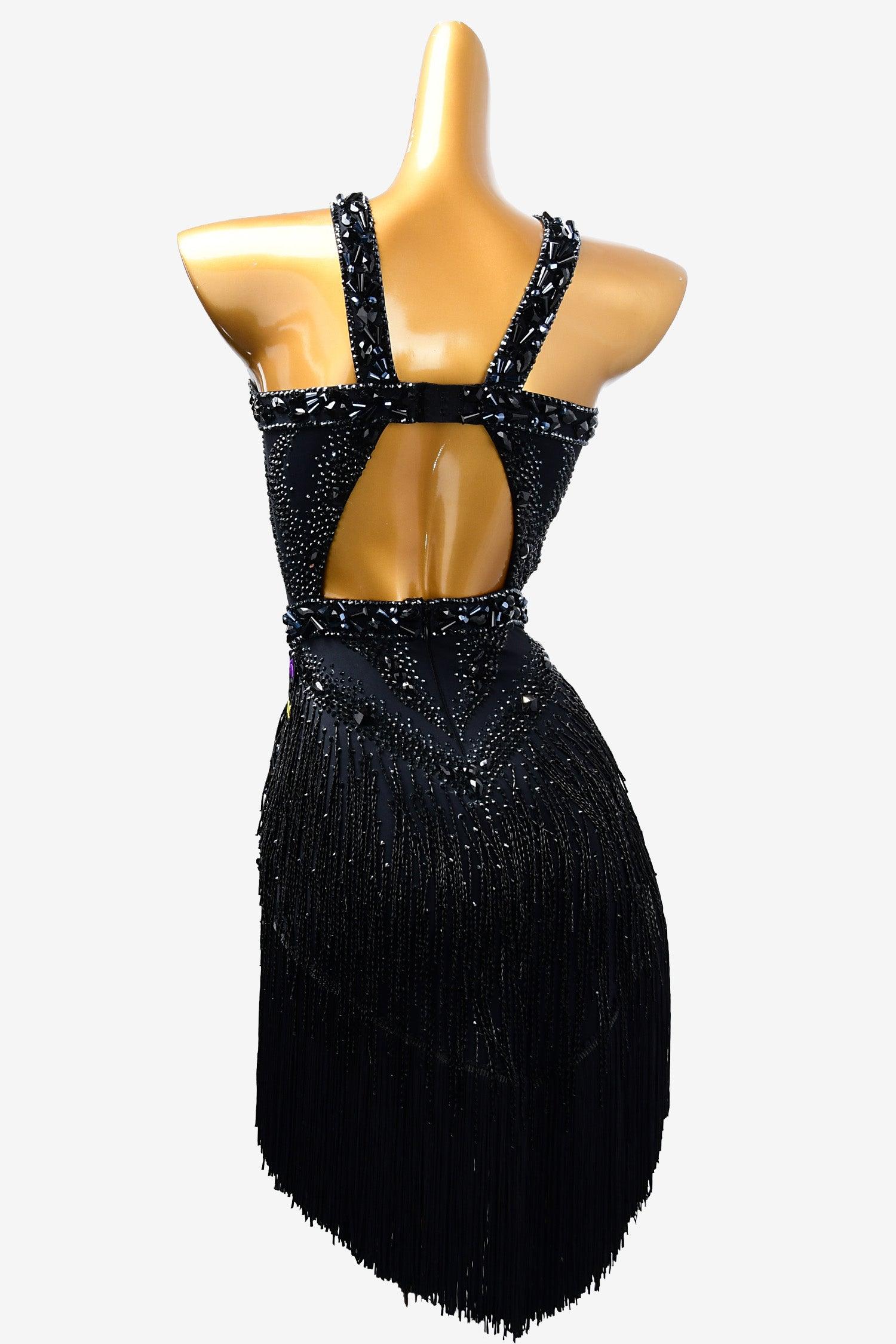 Permino black  Latin dress with fringe, beaded fringe and rhinestone