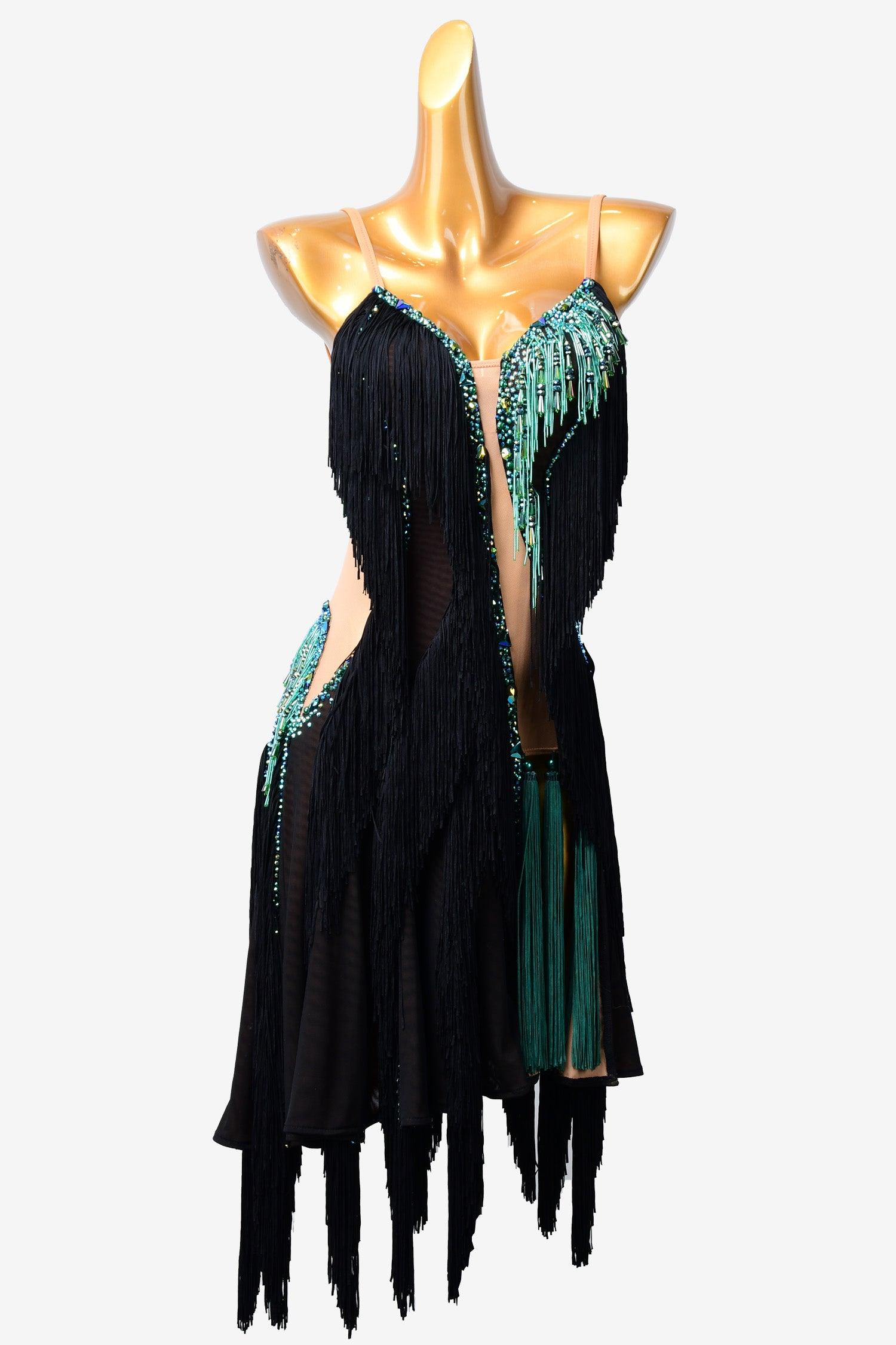 Permino black Latin dress with fringe, fringe, beading and rhinestone - PerminoDesign