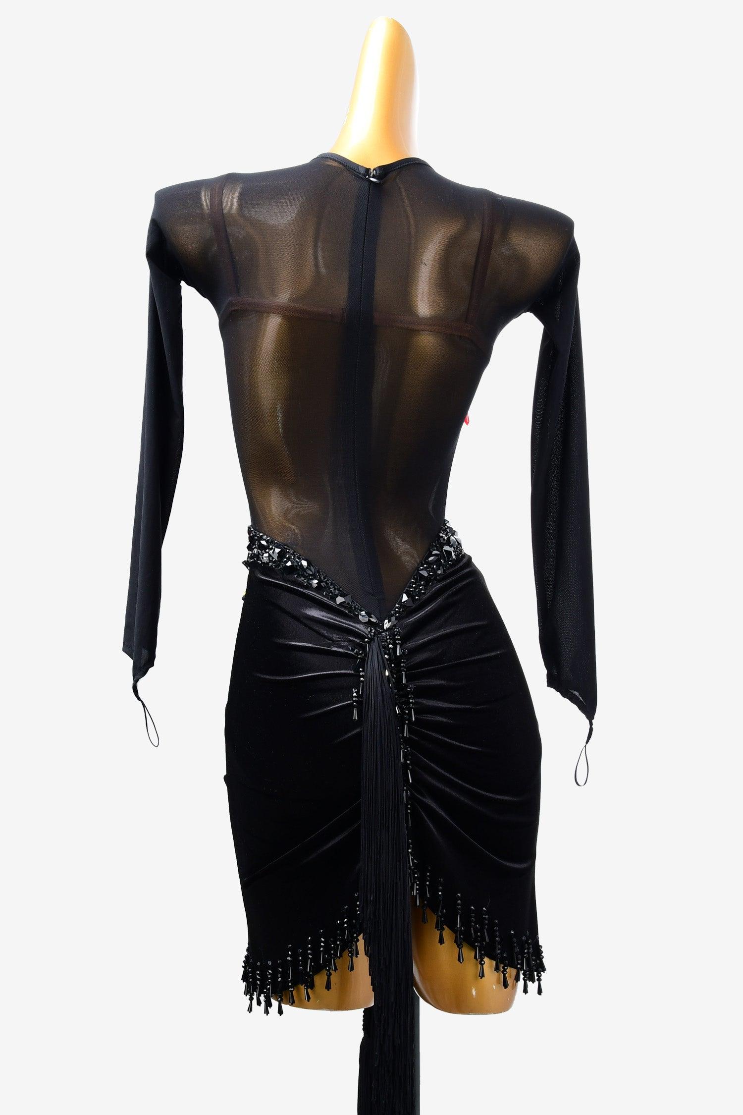 Permino black  Latin dress with fringe, rhinestone and fringe