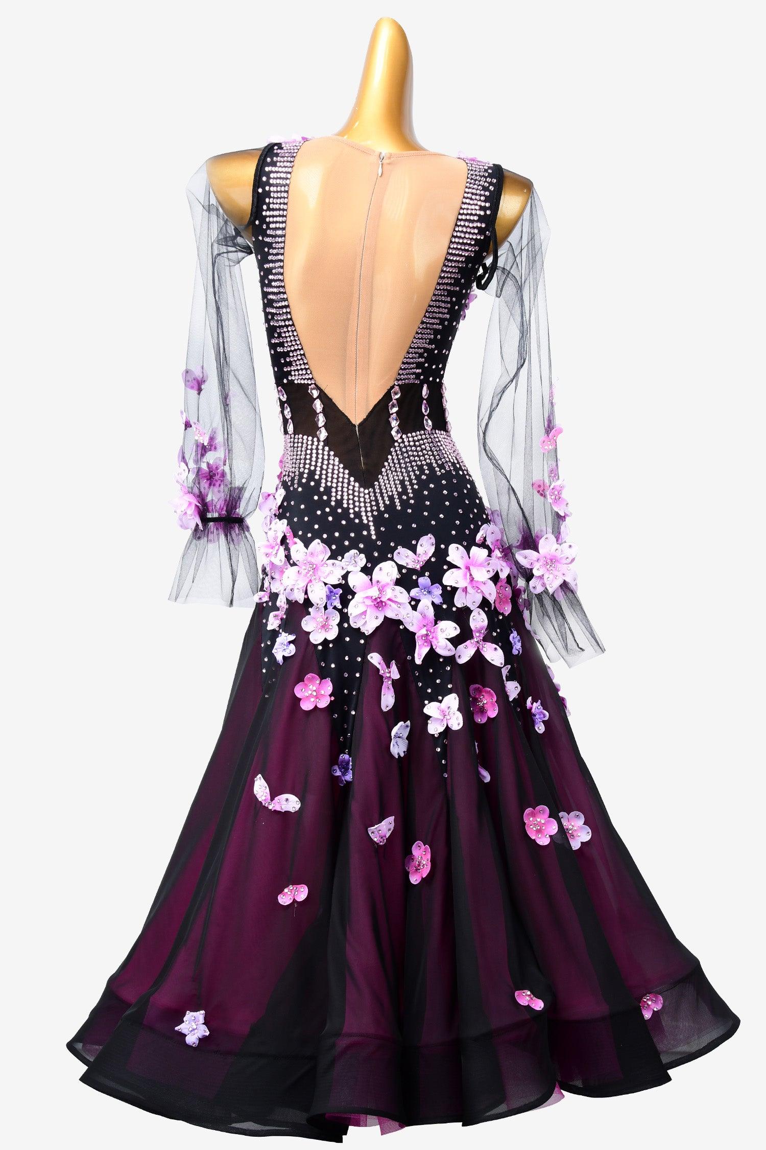 Permino black purple ballroom dress with wine red underskirt, flower appliques, crystal AB & rhinestones - PerminoDesign