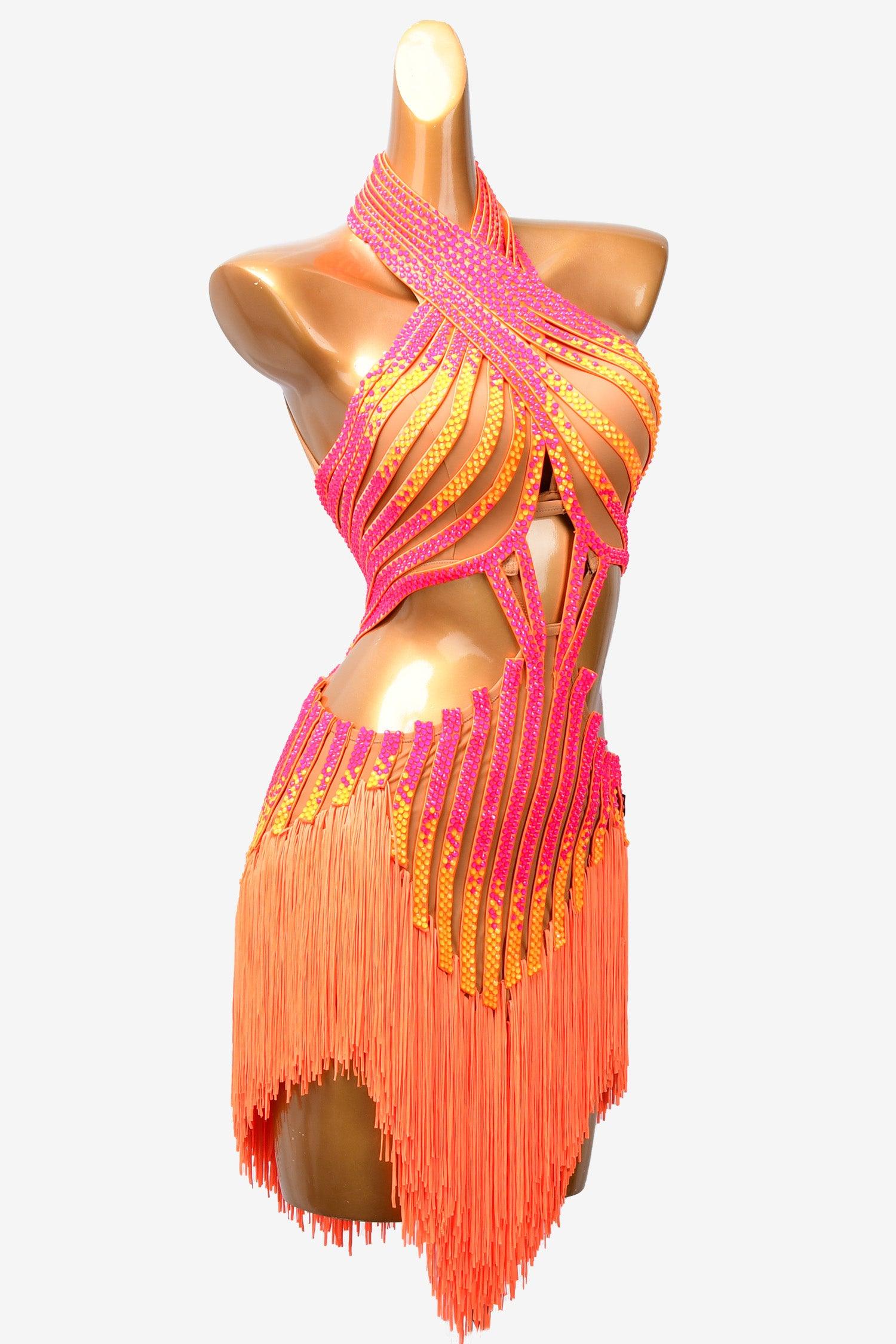 Permino light orange Latin dress with fringe and rhinestone - PerminoDesign