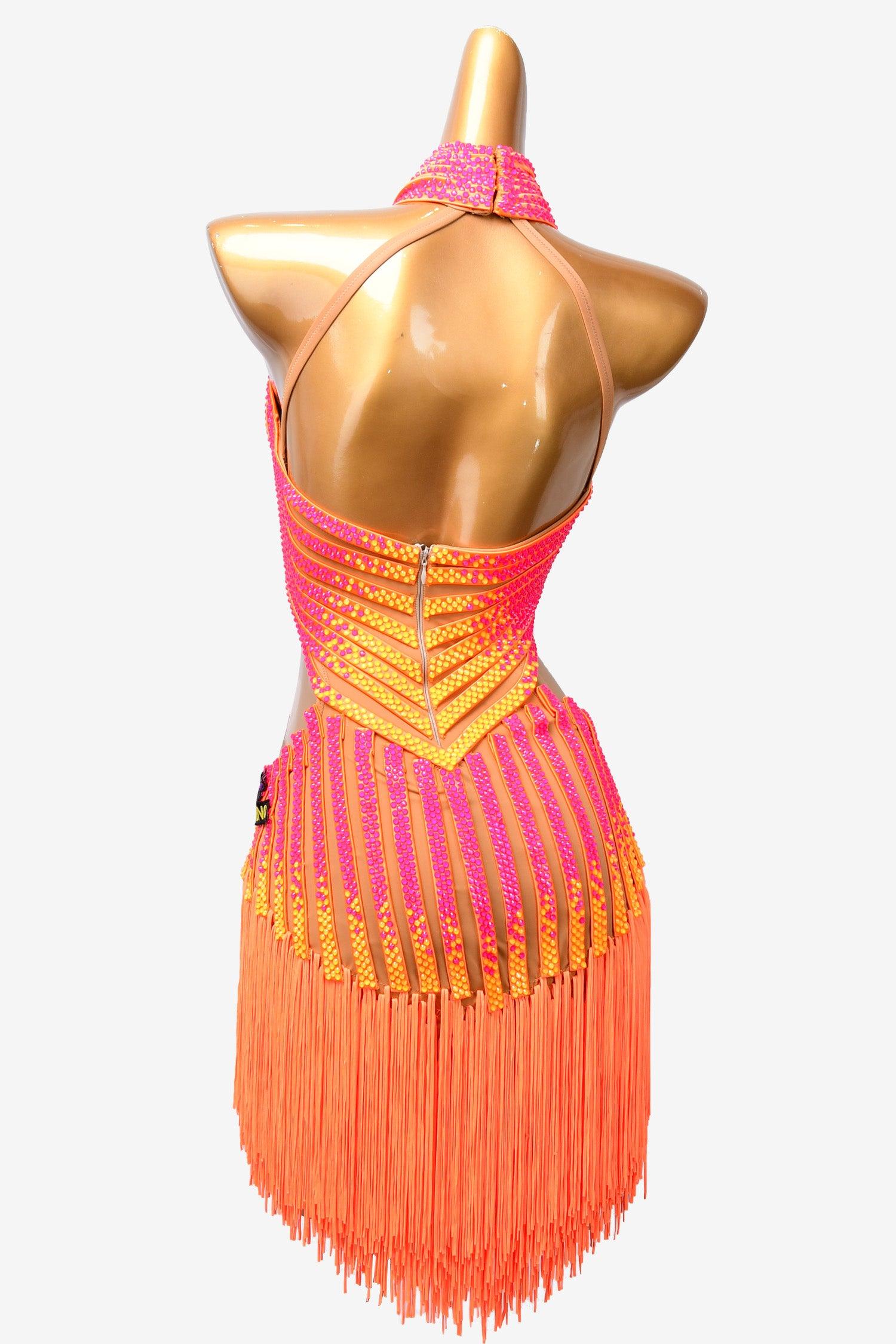 Permino light orange Latin dress with fringe and rhinestone - PerminoDesign