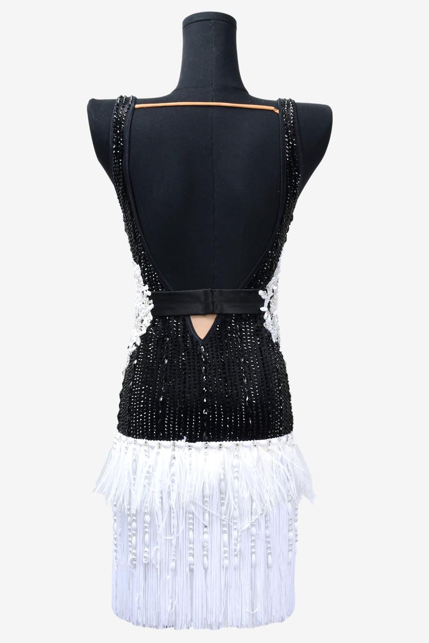 Permino black Latin dress with beading, feather, fringe and rhinestone