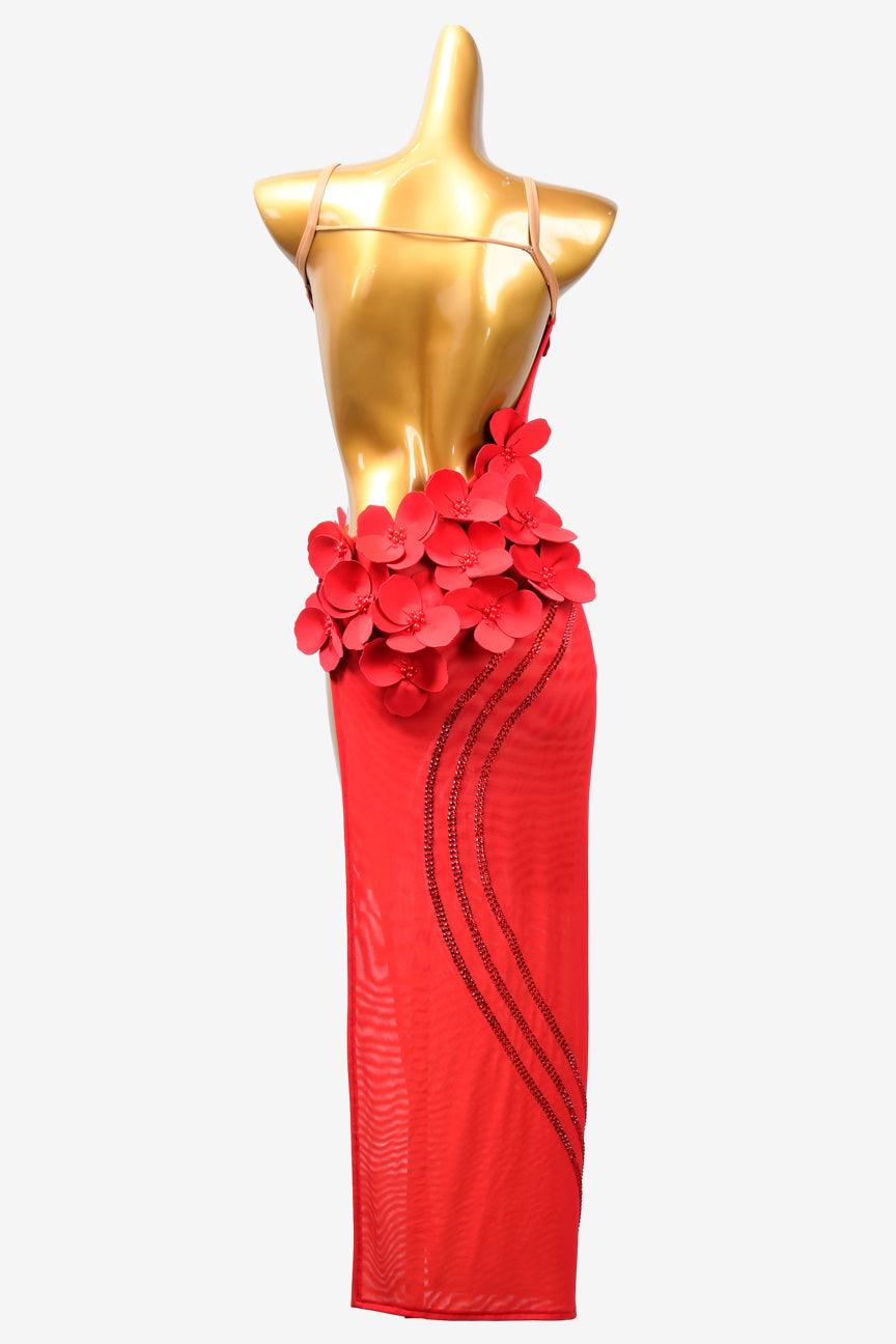 Permino red mesh Latin dress with flower appliques & rhinestones - PerminoDesign