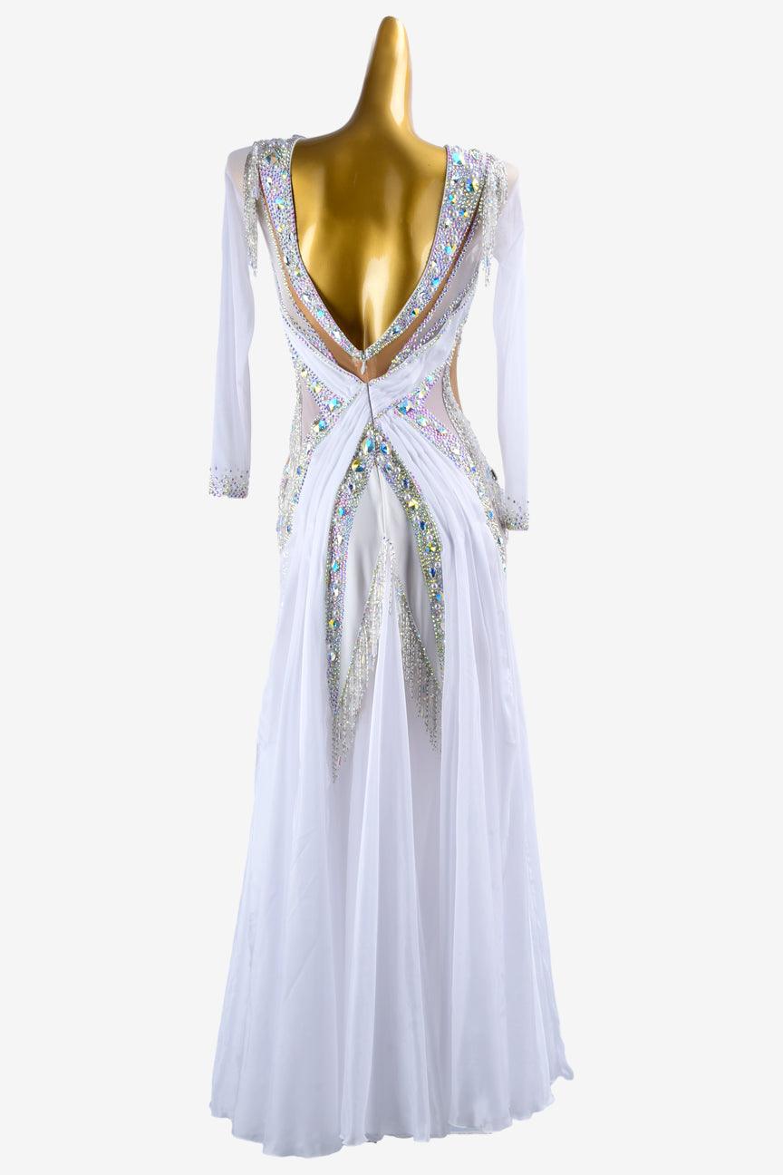 Permino white mesh Standard dress with silver beaded fringes, beadings, AB crystals & sew-on stones - PerminoDesign