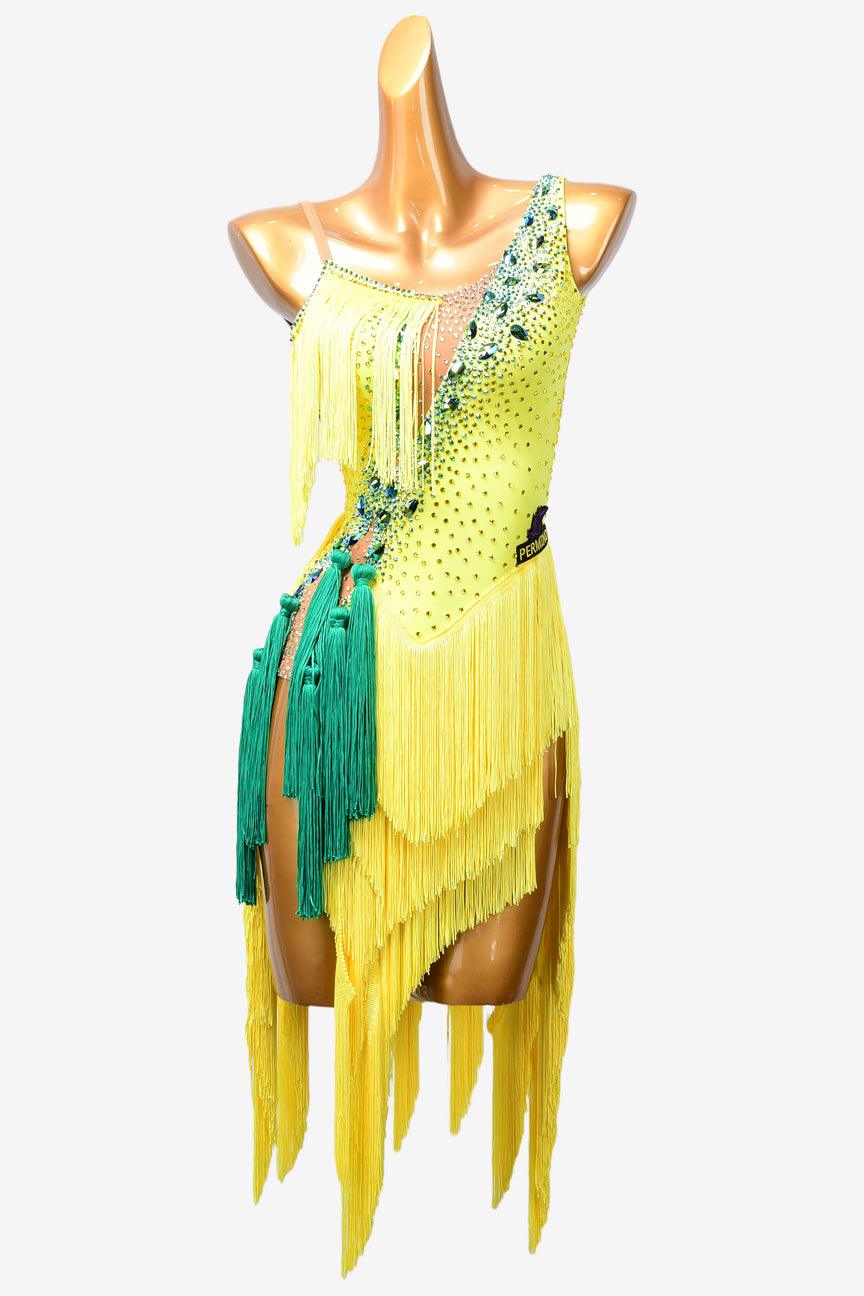 Permino canary yellow Latin dress with fringe and AB stone - PerminoDesign