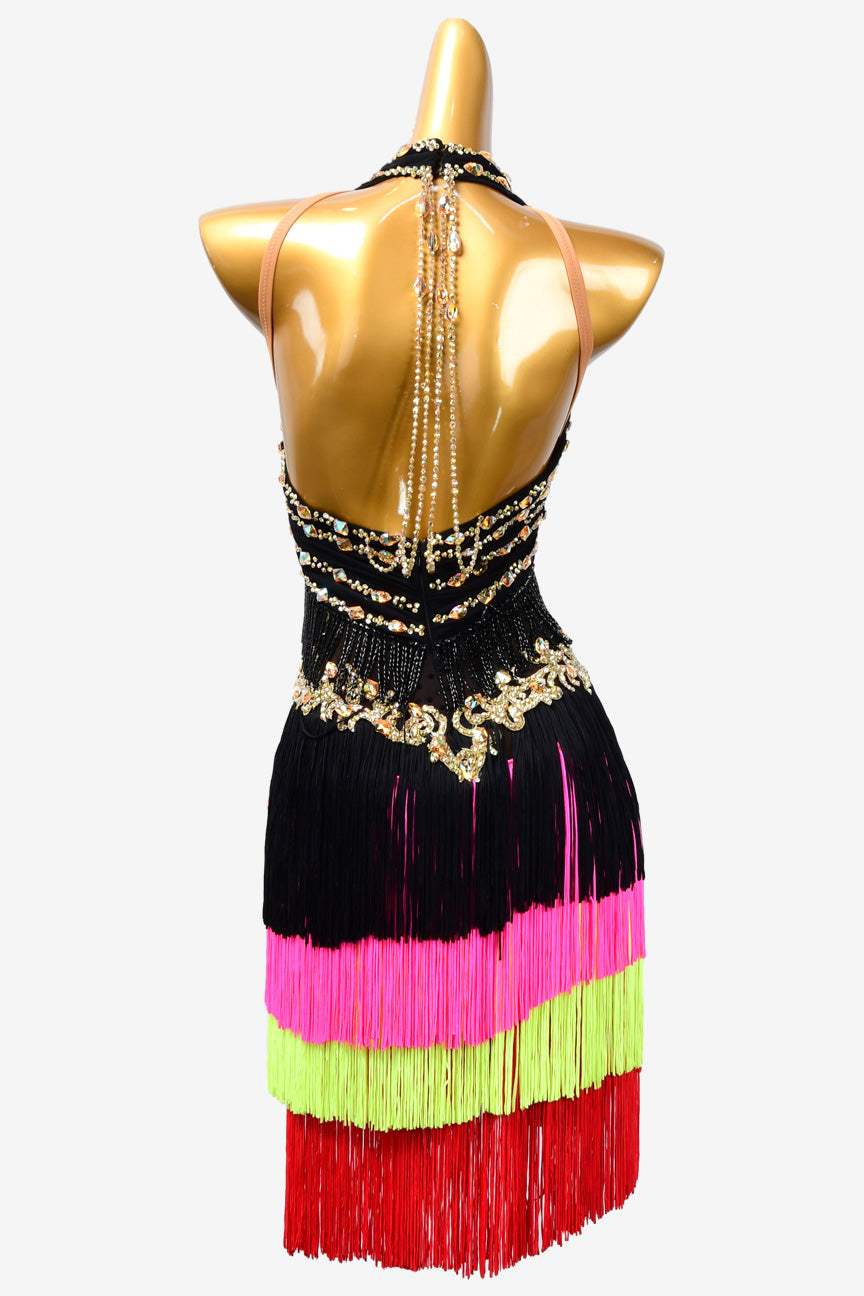 Permino black Latin dress with AB stone, fringe and beaded fringe