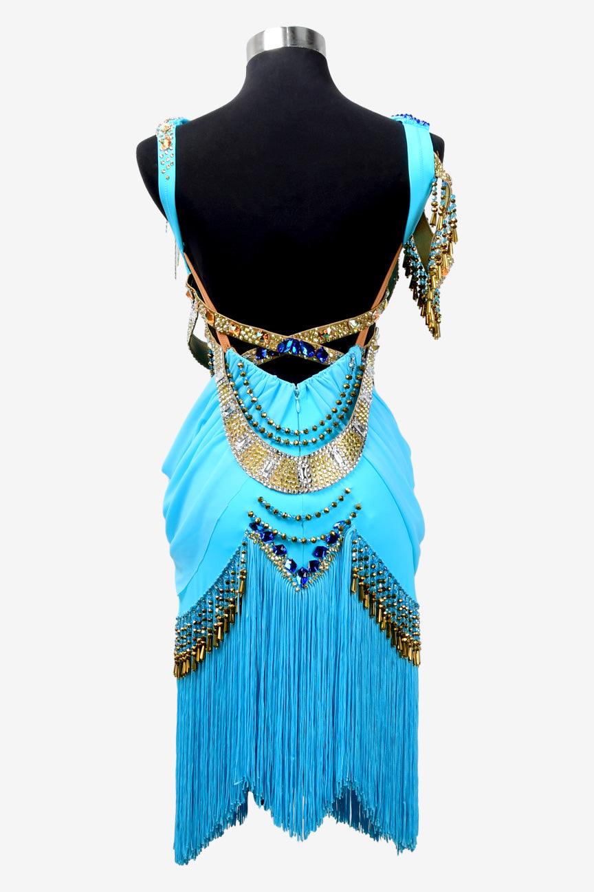 Permino deep sky blue Latin dress with beading, beaded fringe, rhinestone and fringe - PerminoDesign