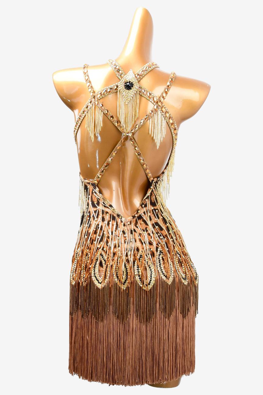 Permino pumpkin color Latin dress with beading, beaded fringe, fringe and rhinestone - PerminoDesign