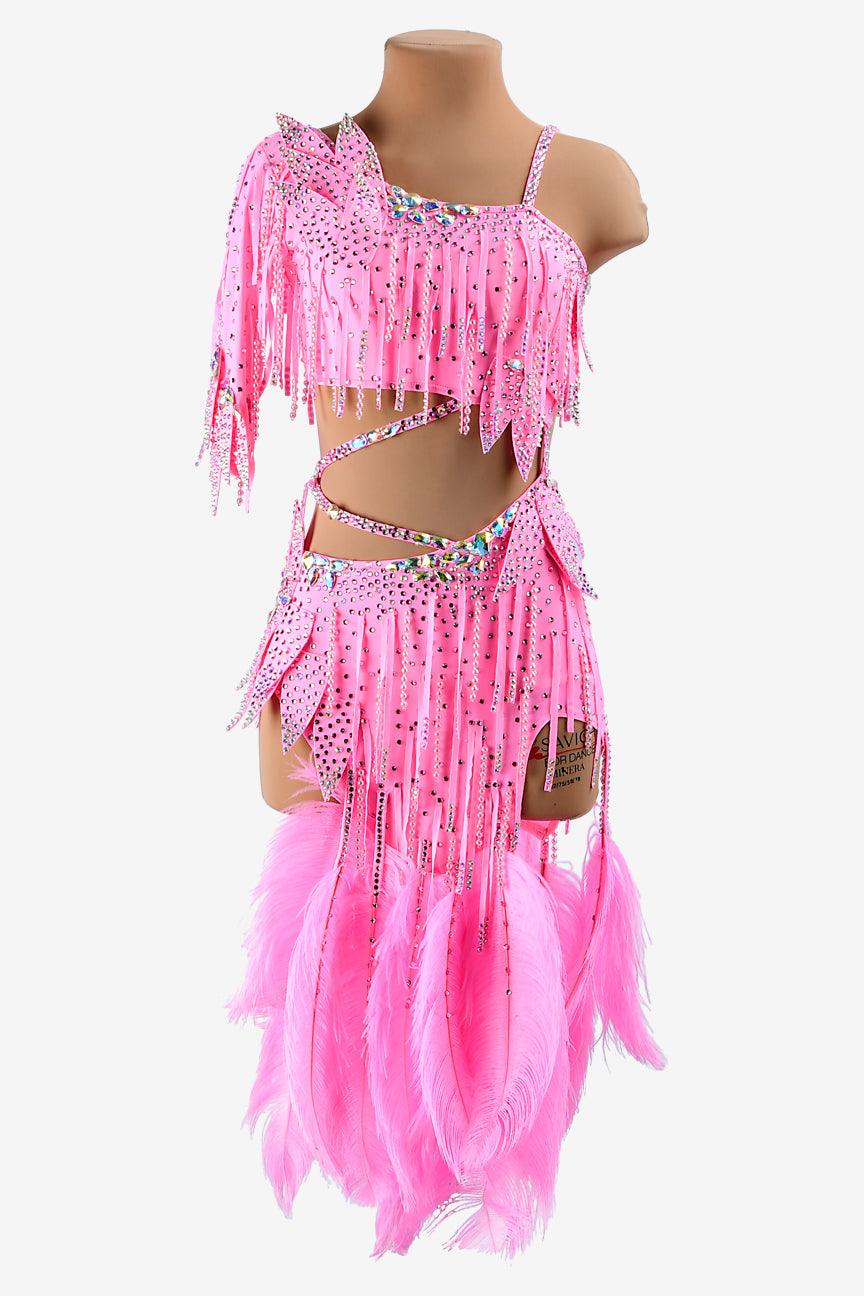 Permino pink lustre lycra Latin dress with stone fringes, feathers, AB crystals & sew-on stones - PerminoDesign