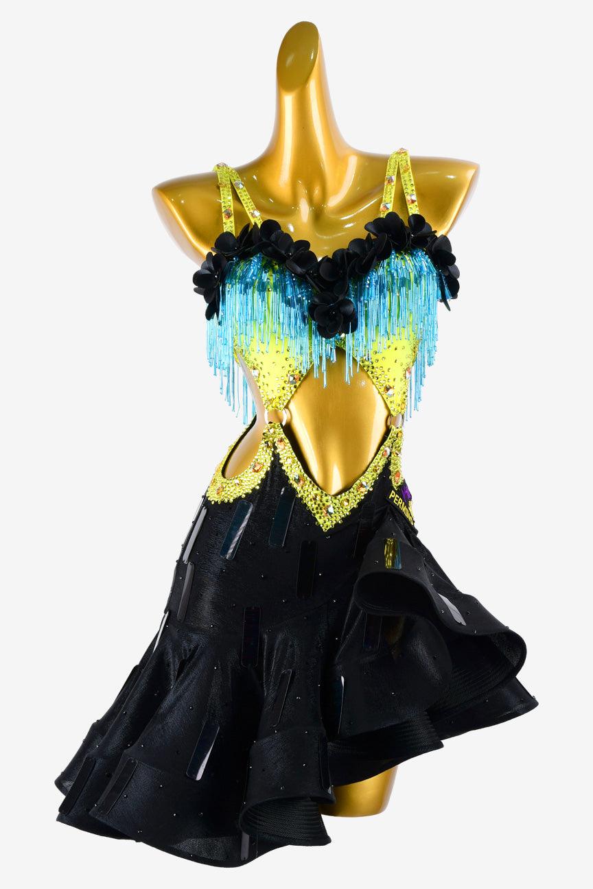 Permino black Latin dress with skyblue beaded fringes, sequins, flower appliques & AB stones - PerminoDesign