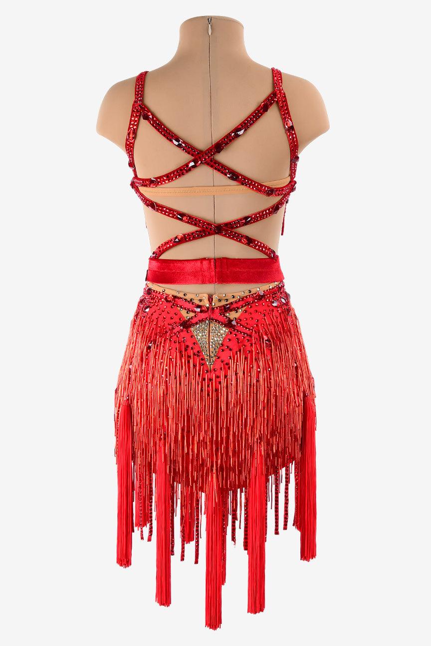 Permino vermillion Latin dress with beaded fringe, stone fringes, tassels and AB stone - PerminoDesign