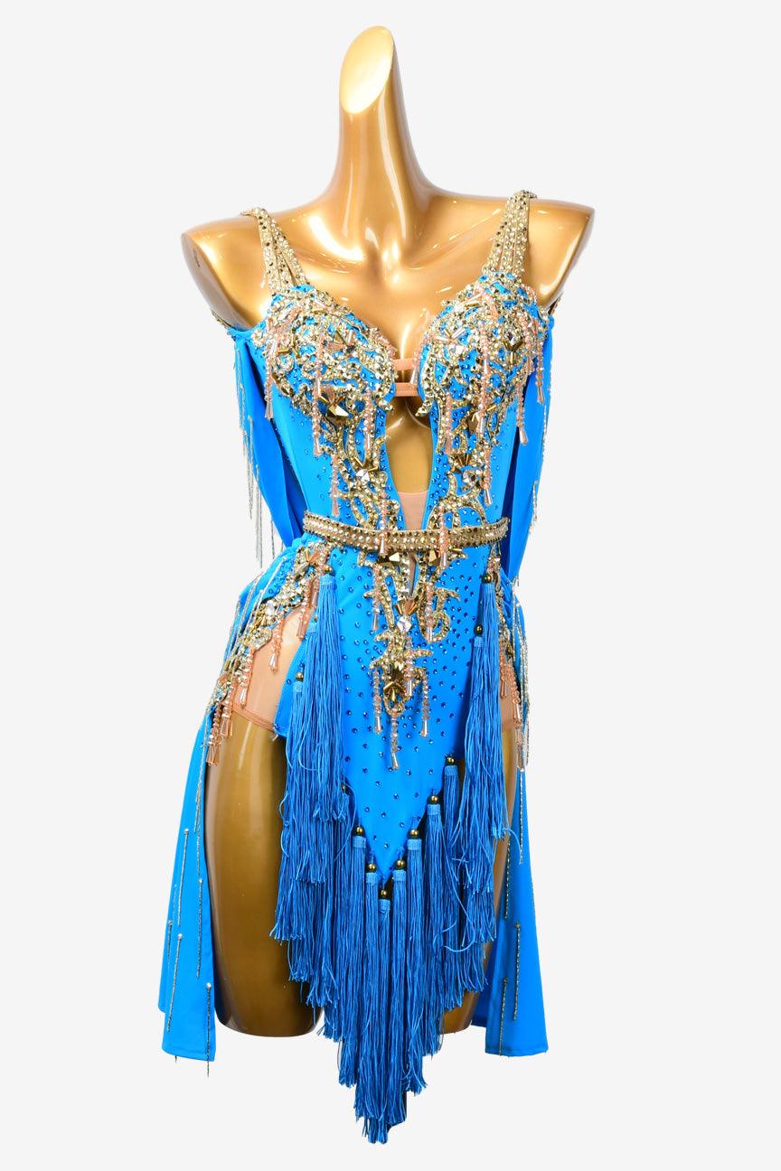 Permino deep sky blue Latin dress with tassel, beaded fringe, beading and rhinestone - PerminoDesign