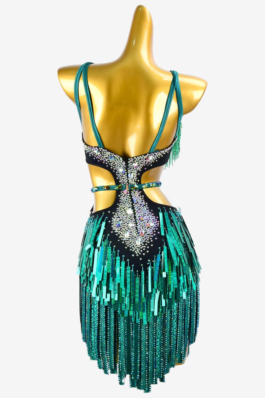 Permino lack green Latin dress with stone fringes, beaded fringes, sea green sequins & white crystal AB - PerminoDesign