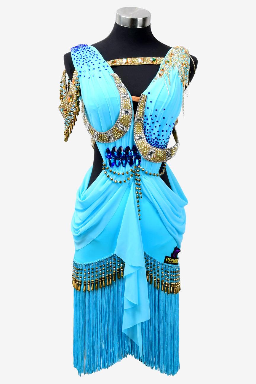 Permino deep sky blue Latin dress with beading, beaded fringe, rhinestone and fringe - PerminoDesign