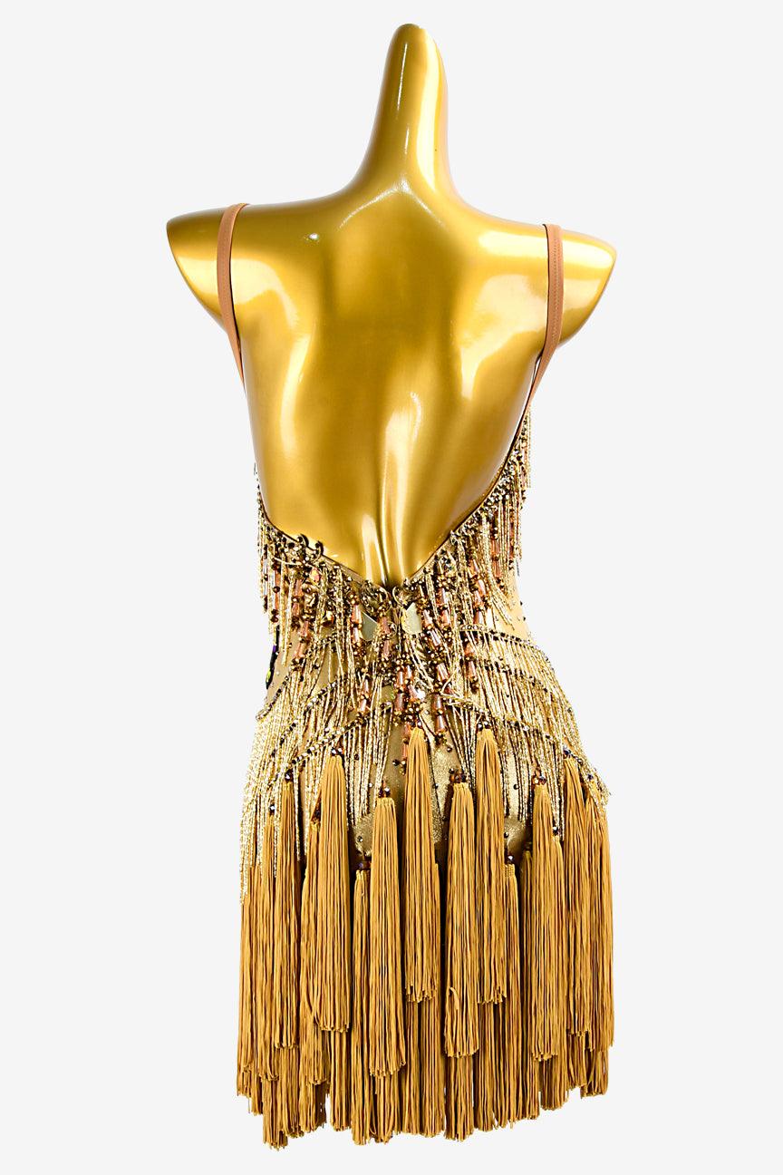 Permino gold dot shine lycra Latin dress with tassels, mirror stones, crystal AB & beaded fringes - PerminoDesign