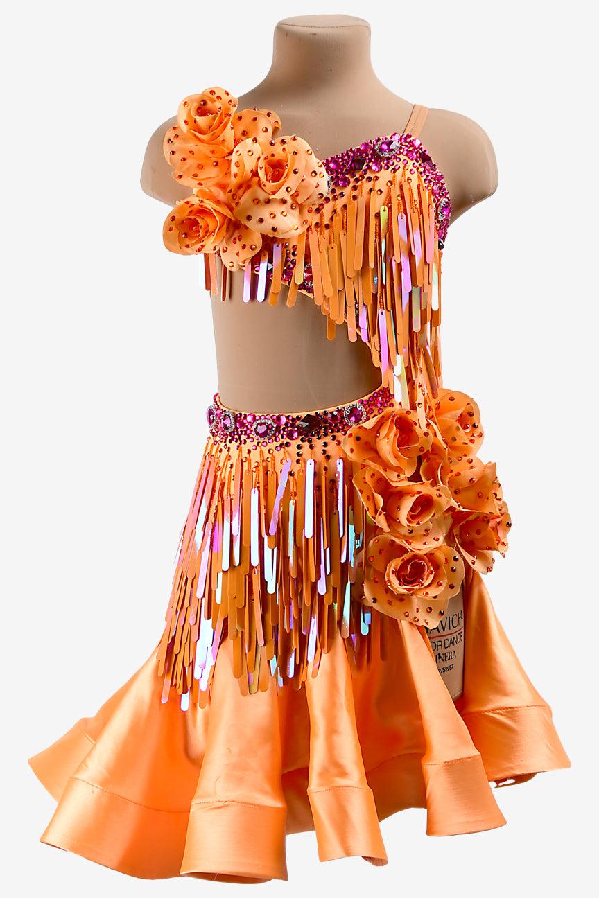 Permino light orange Latin dress with ruffle fishbone underskirt, sequins, flower appliques & crystals - PerminoDesign