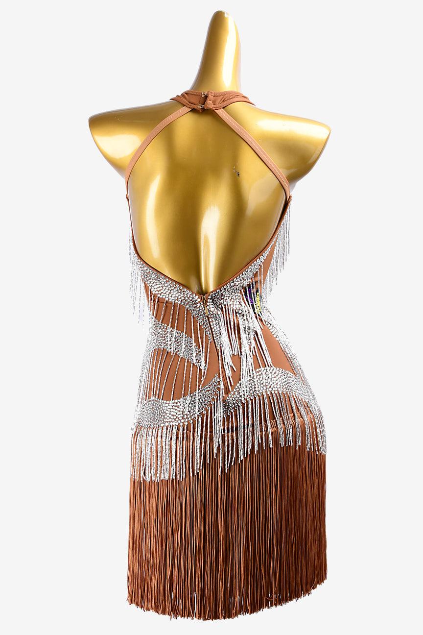 Permino fleshtone matt lycra Latin dress with silver beaded fringe, silver crystal & brown fringe - PerminoDesign