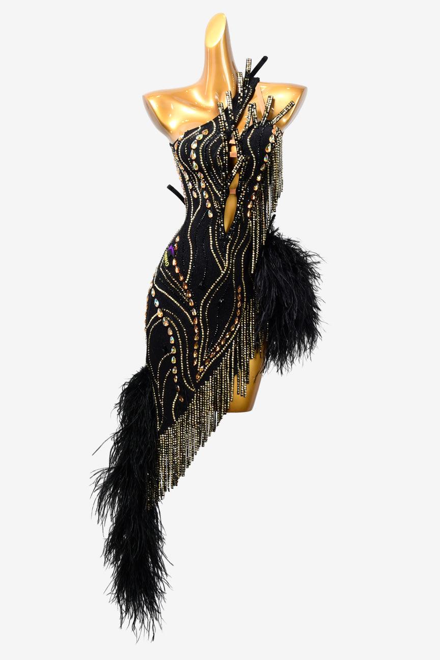 Permino black Latin dress with stone fringes, rhinestone and feather