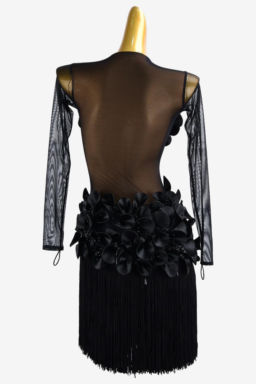 Permino black mesh Latin dress with flower appliques, beadedings, fringes & crystals - PerminoDesign