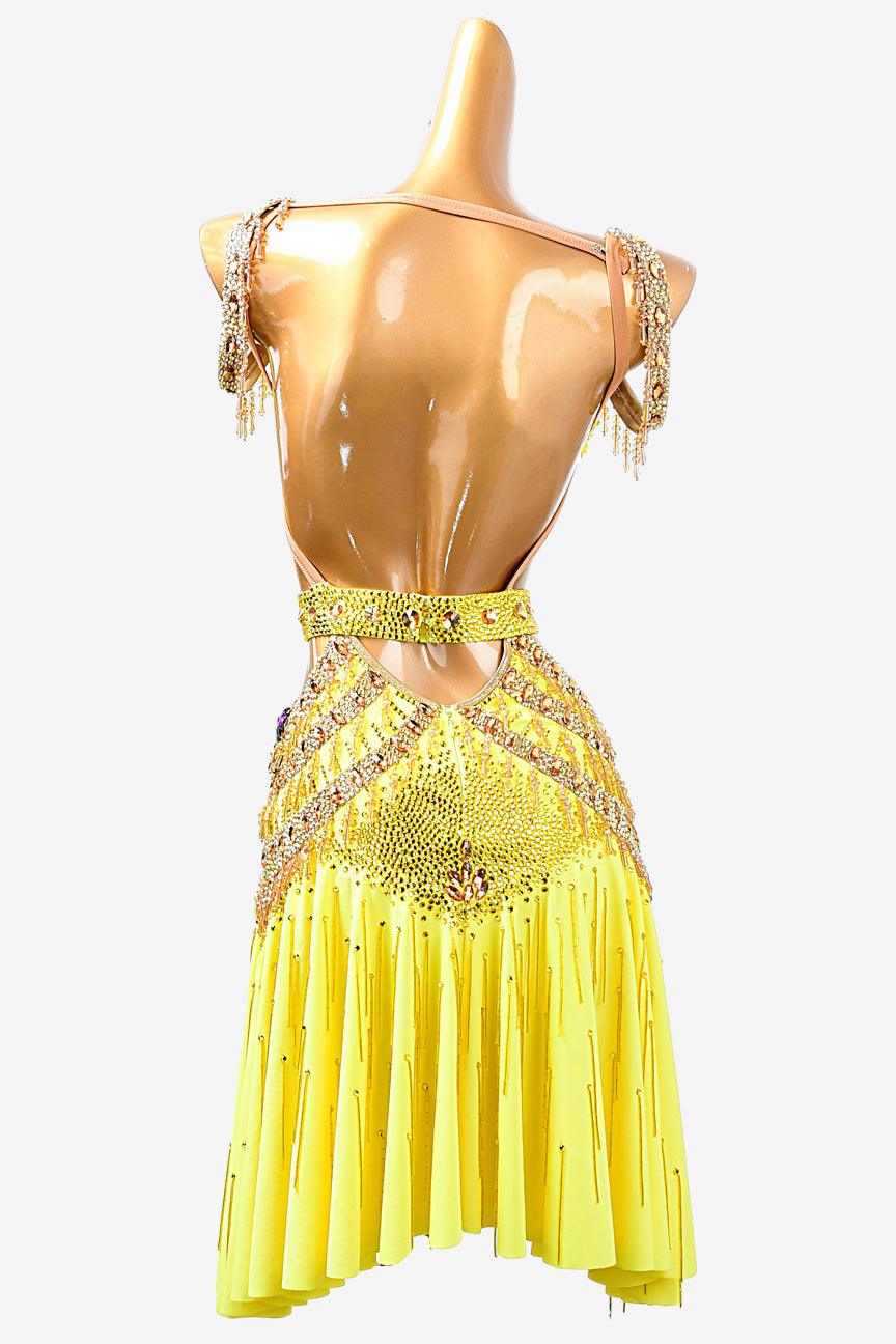 Permino lemon yellow Latin dress with beaded fringe, beading and AB stone - PerminoDesign