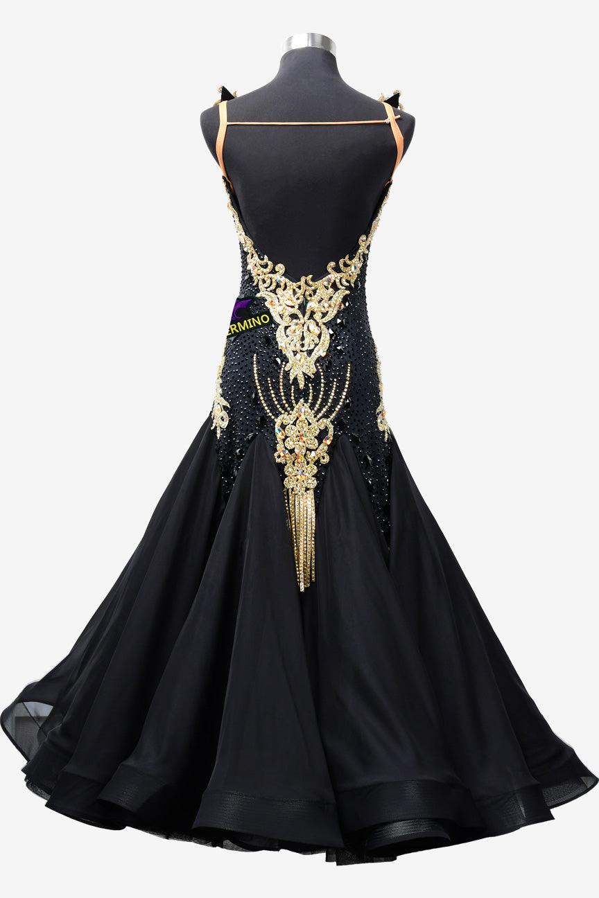 Permino black lycra Standard dress with pearl chiffon underskirt, rhinestone, gold lace appliqués & stone fringes - PerminoDesign