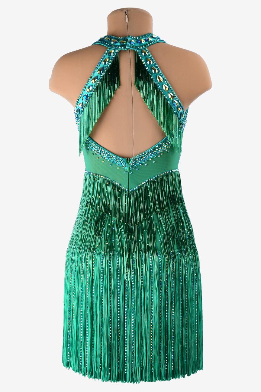 Permino sea green Latin dress with stone fringes, beaded fringe, AB stone, fringe and beading - PerminoDesign