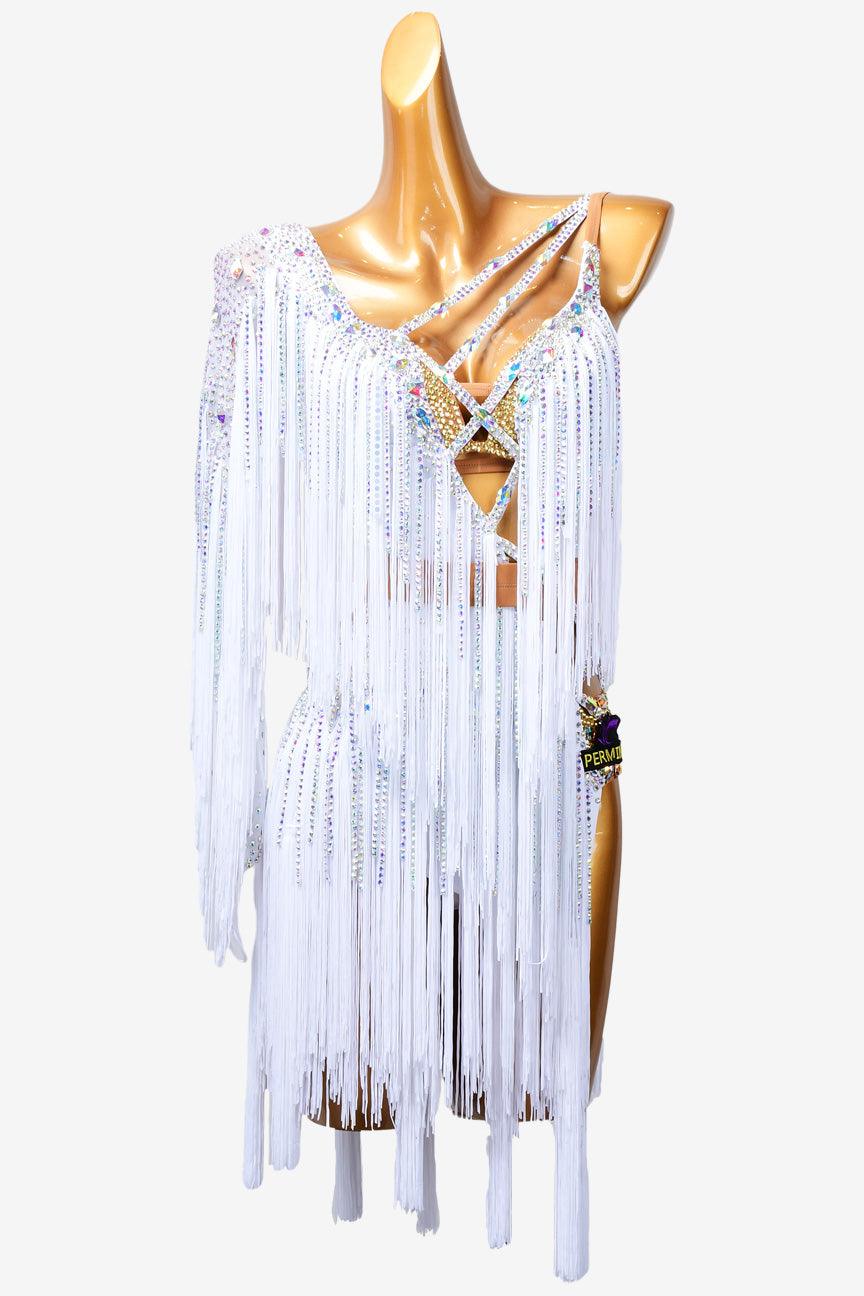 Permino white Latin dress with crystal AB, fringe and stone fringes - PerminoDesign