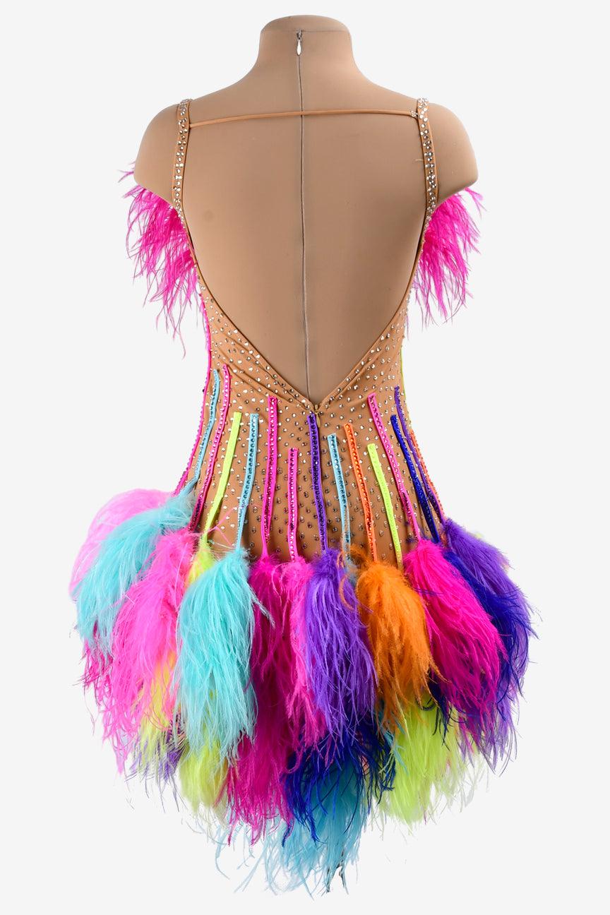 Permino fleshtone matt lycra Latin dress with rhinestones, colorful feathers underskirts & stone fringes - PerminoDesign