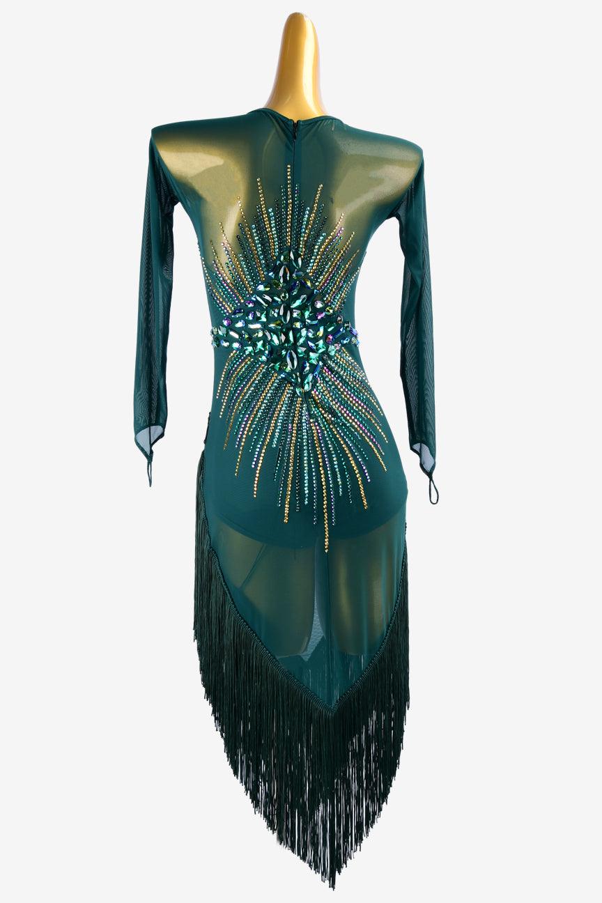 Permino malachite green mesh Latin dress with fringes, AB sew-on stones & rhinestones - PerminoDesign