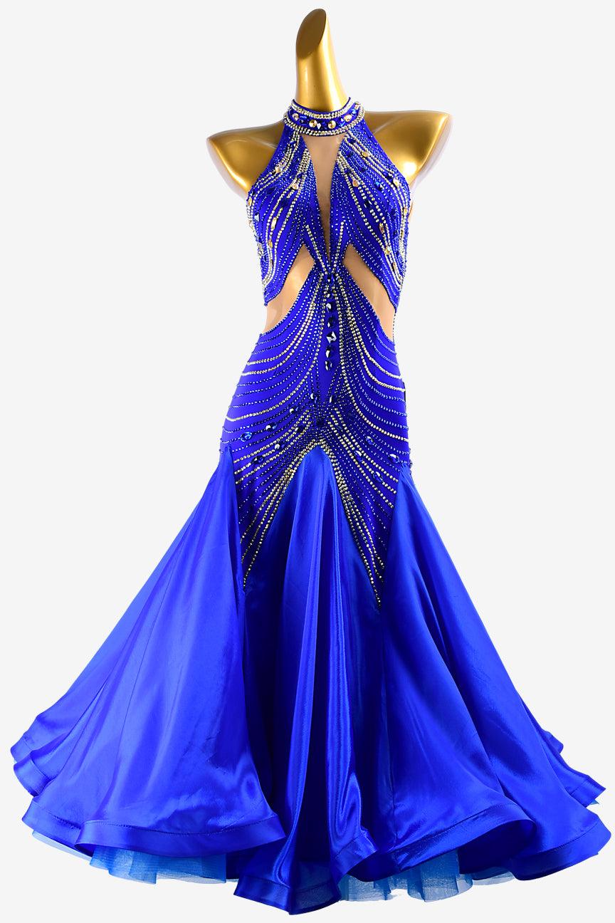 Permino international klein blue Standard dress with pearl chiffon underskirts, gold crystals & sew-on stones - PerminoDesign