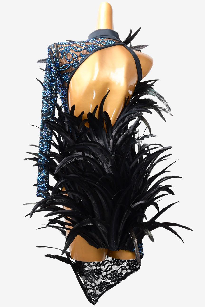 Permino black Latin dress with feather and rhinestone