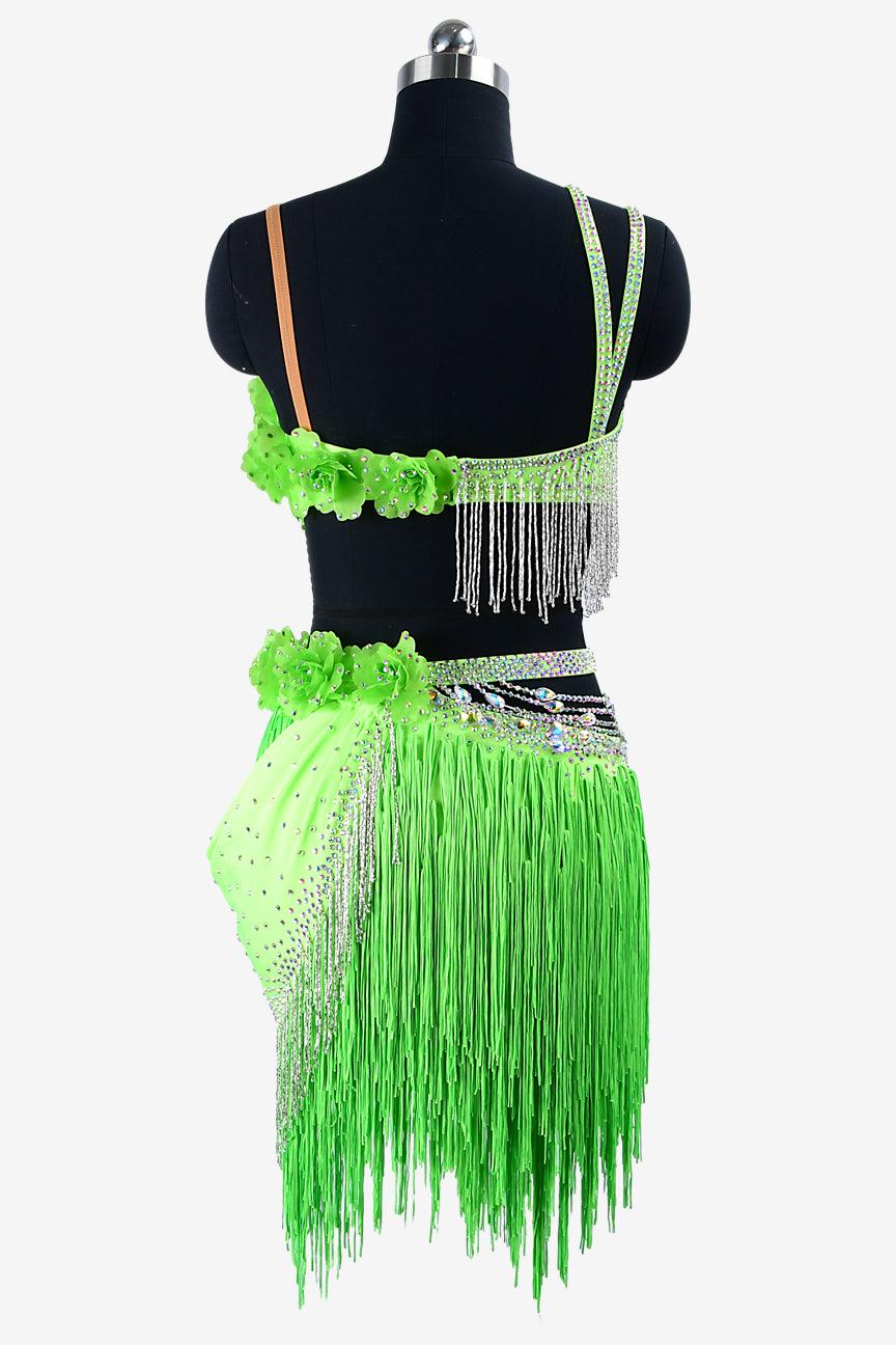 Permino lime green matt lycra Latin dress with AB stones, beaded fringes, fringes & flower appliques - PerminoDesign