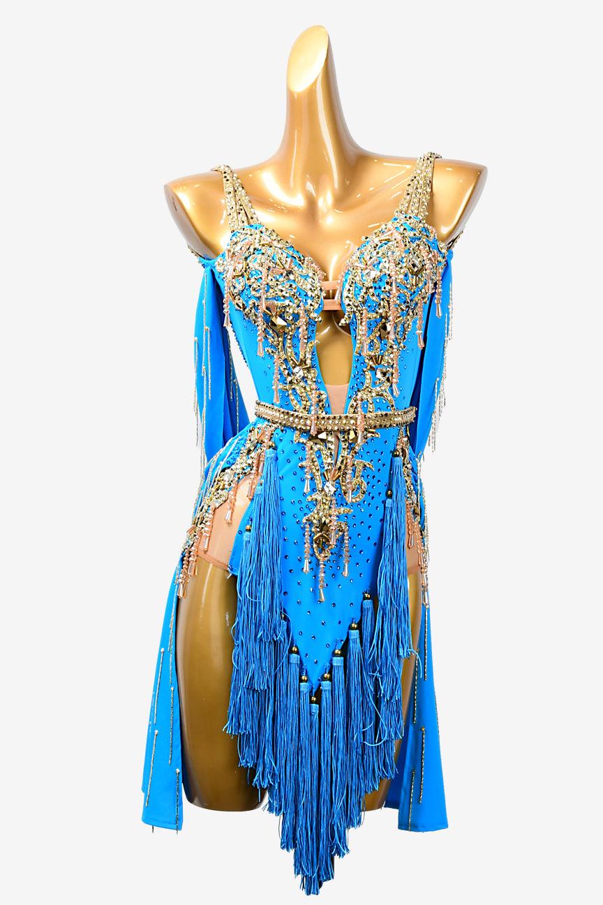 Permino dark blue matt lycra Latin dress with tassels, rhinestones, gold beadings & beaded fringes - PerminoDesign