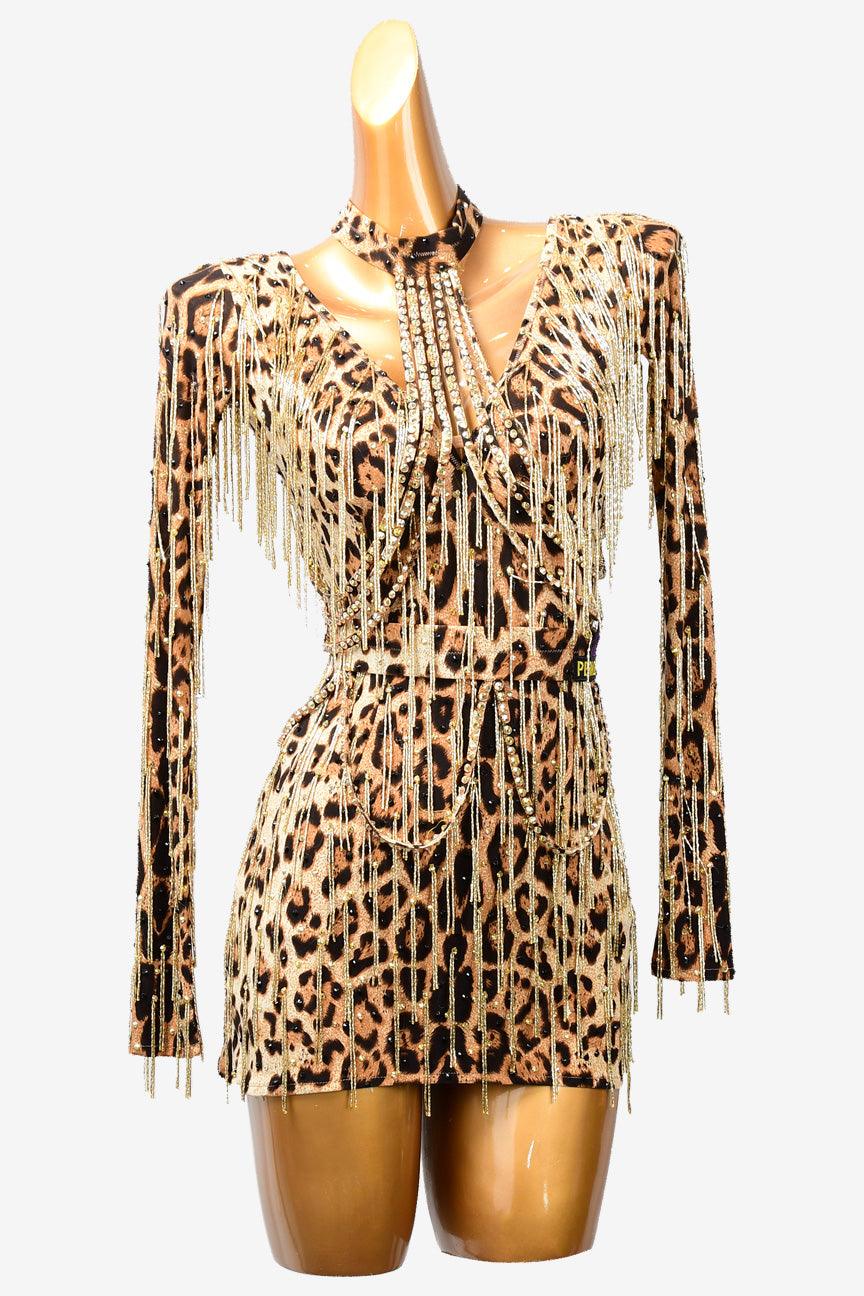 Permino leopard print Latin dress with rhinestone, beaded fringe, reading andstone fringes - PerminoDesign