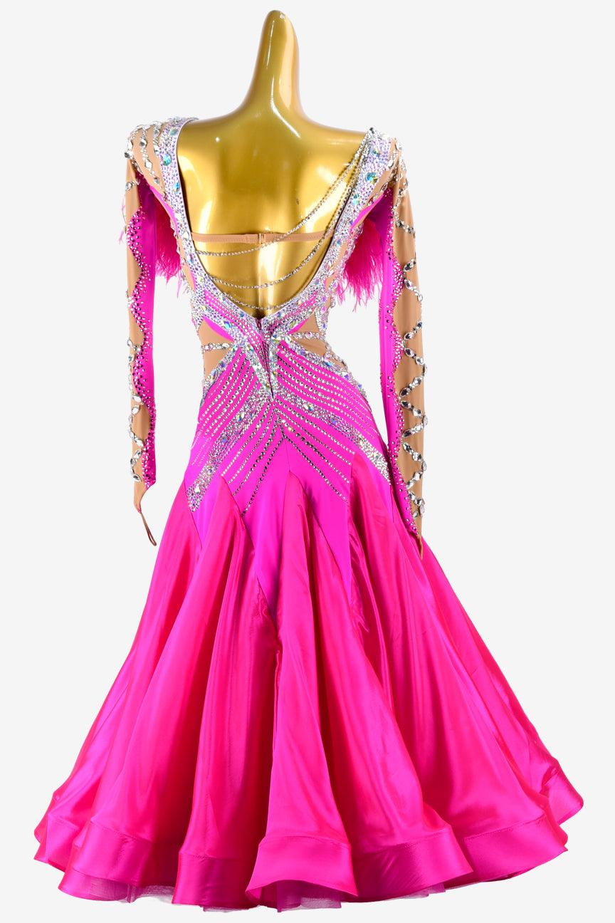 Permino magenta & fleshtone matt lycra standard dress with pearl chiffon underskirt, AB stones & feathers - PerminoDesign