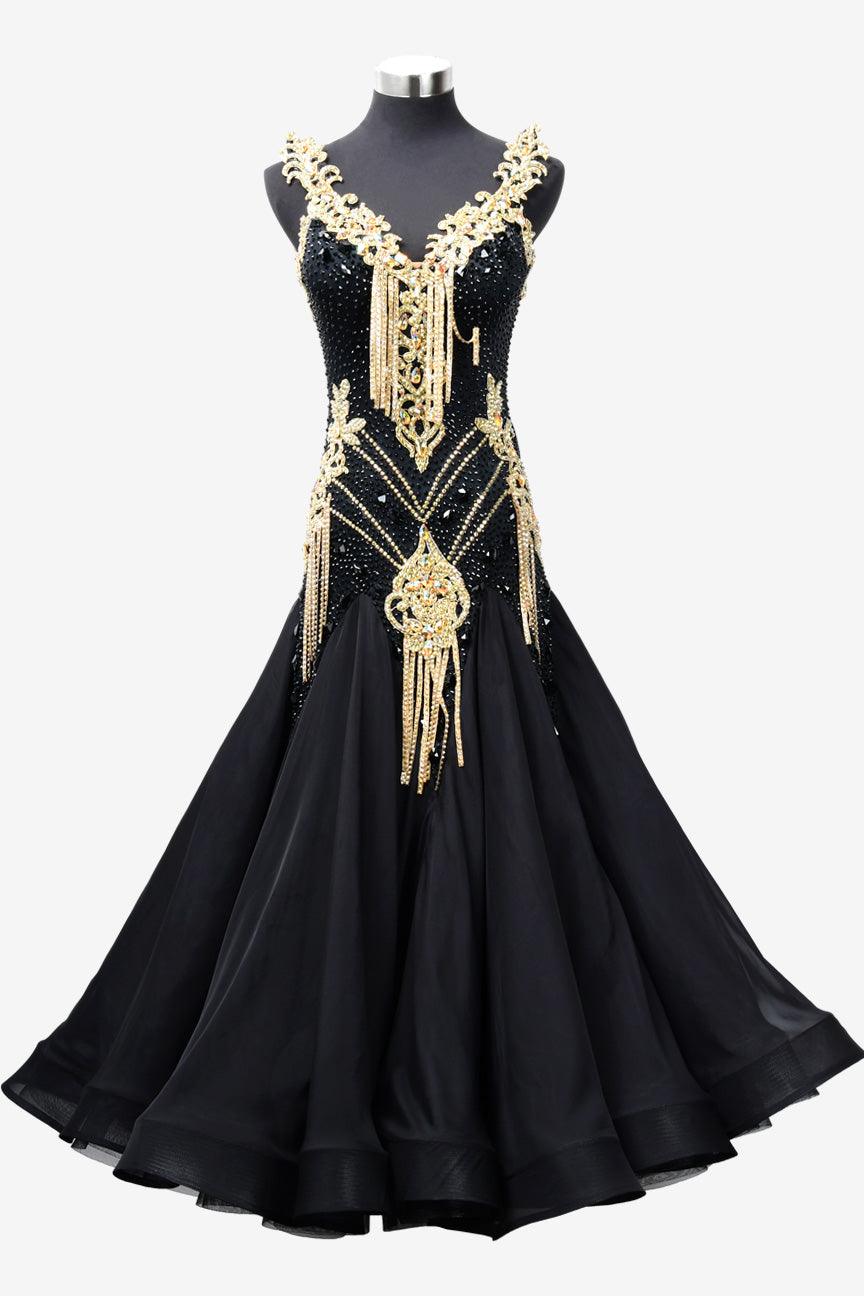 Permino black lycra Standard dress with pearl chiffon underskirt, rhinestone, gold lace appliqués & stone fringes - PerminoDesign