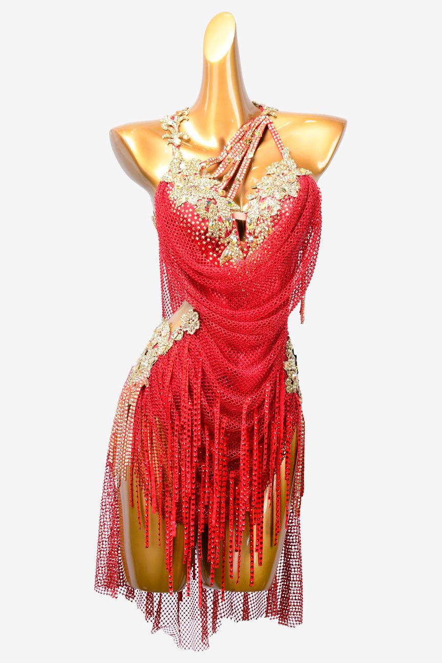 Permino china red Latin dress with stone fringes, fishnet and AB stone - PerminoDesign