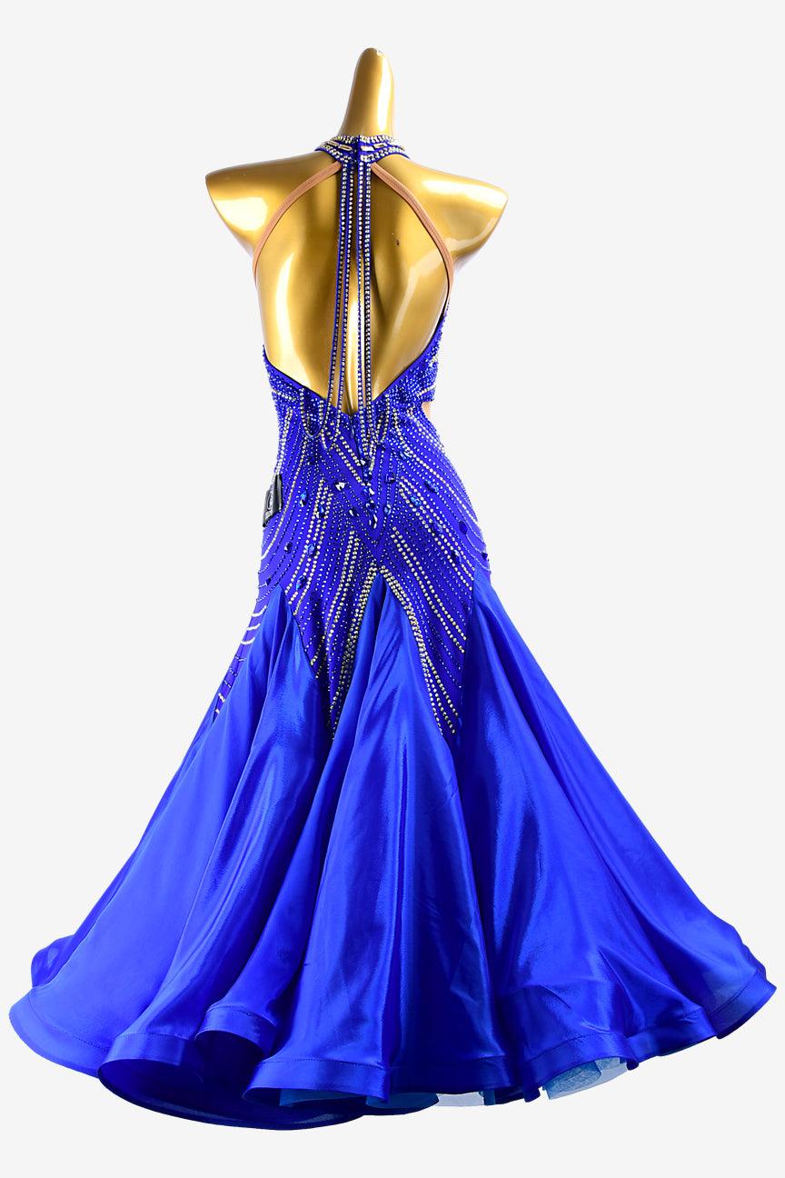 Permino international klein blue Standard dress with pearl chiffon underskirts, gold crystals & sew-on stones - PerminoDesign