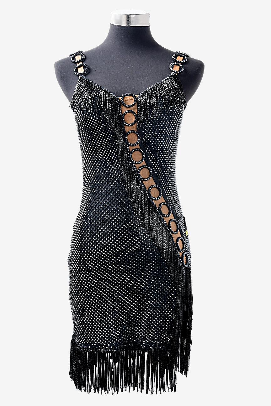 Permino black matt lycra Latin dress with crystals fishnet, beaded fringes & rhinestones - PerminoDesign